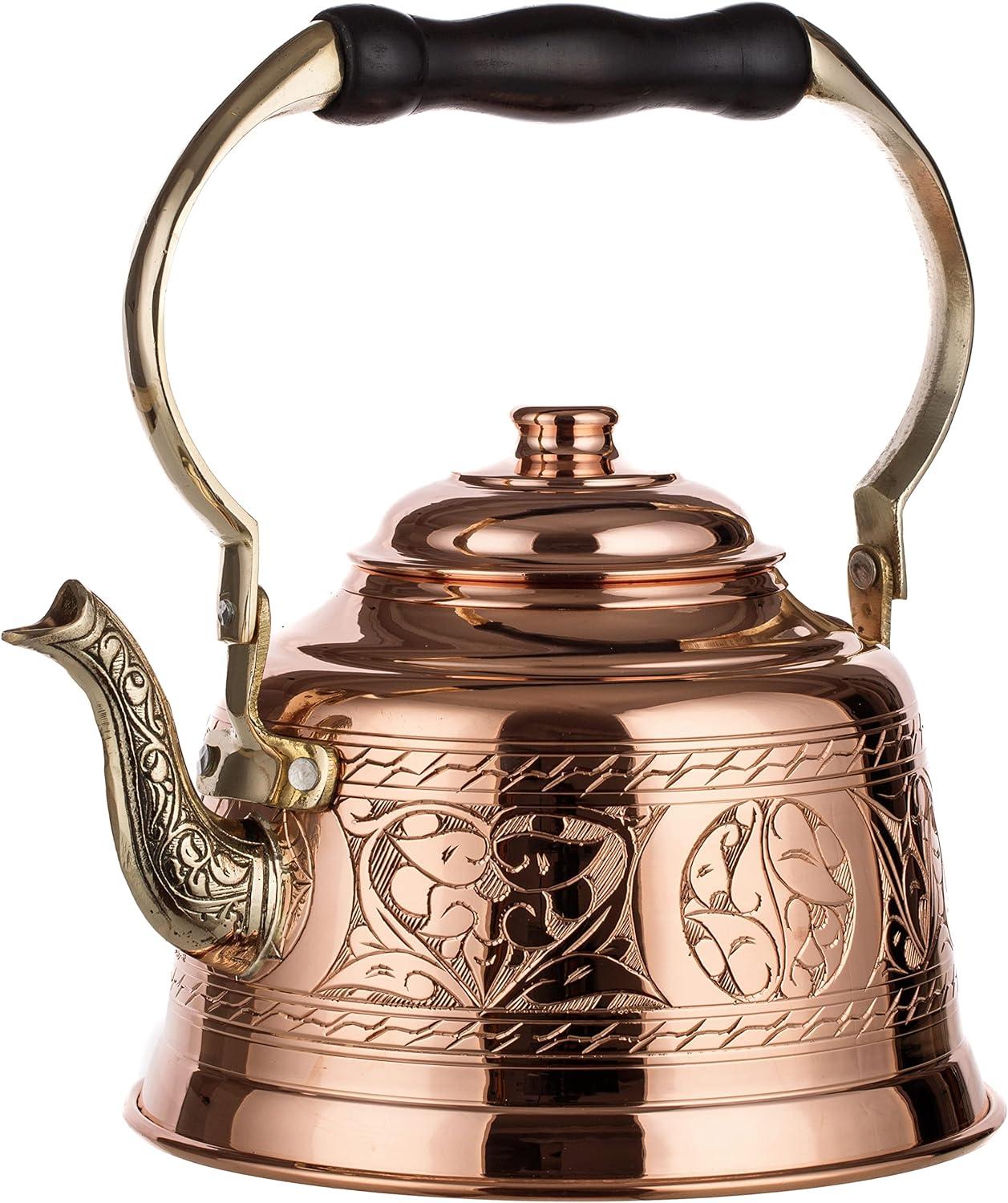 Handmade Engraved Copper Teapot with Brass Handle, 1.6-Quarts