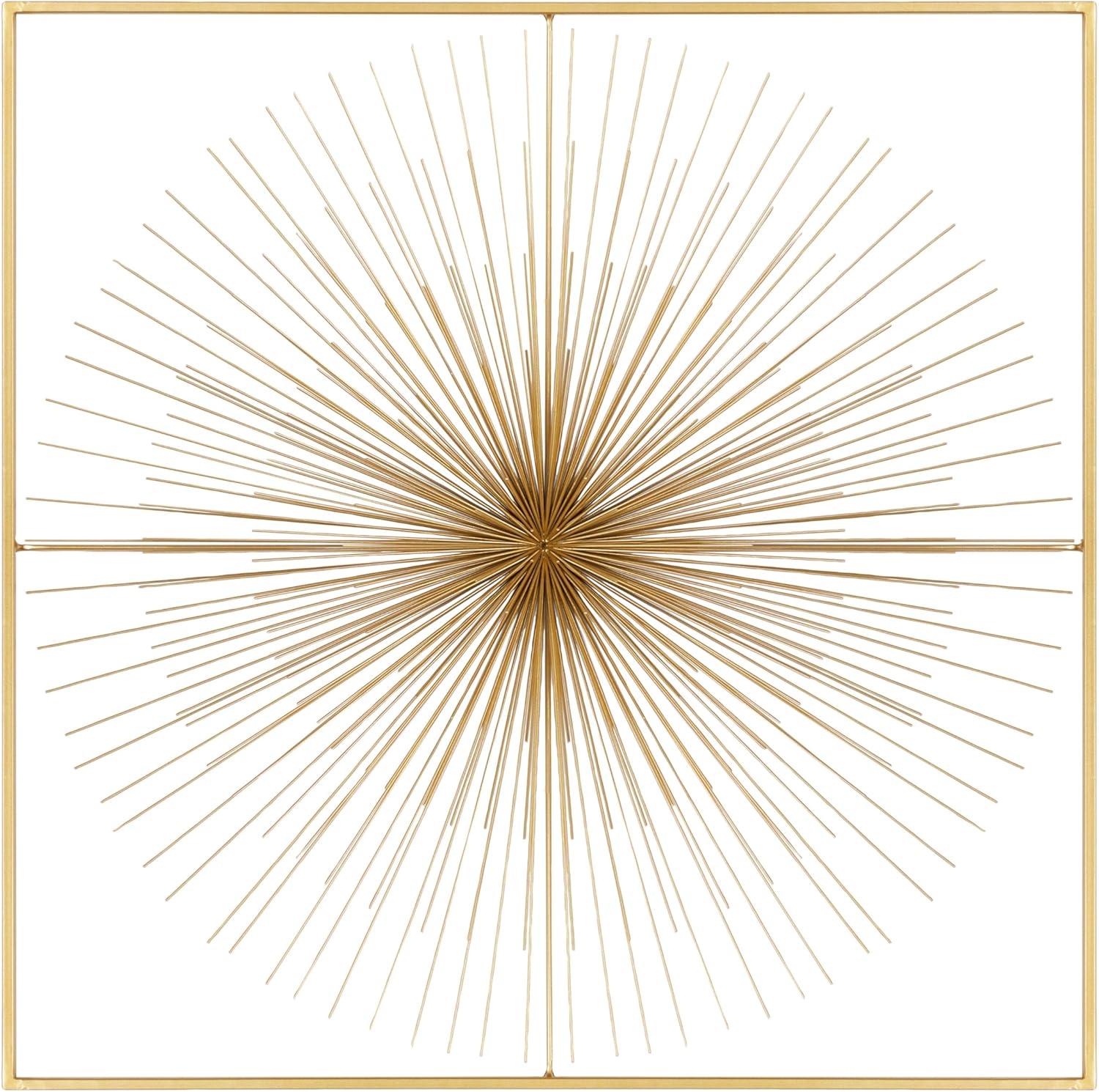 Gold Metal Starburst Large 3D Wall Sculpture with Square Frame