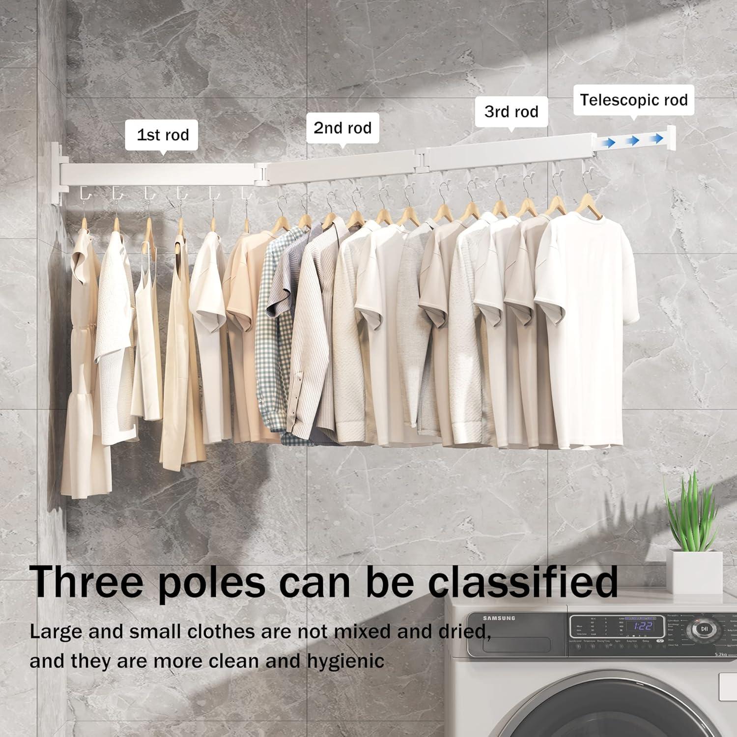 Dr.DJ Clothes Drying Rack for Laundry, Retractable Clothes Hanger Rack Wall Mounted Folding Indoor, Drying Rack, Space Saver Clothes Rack,Collapsible (Tri-Fold) with 18 J-Hooks Laundry Rack White