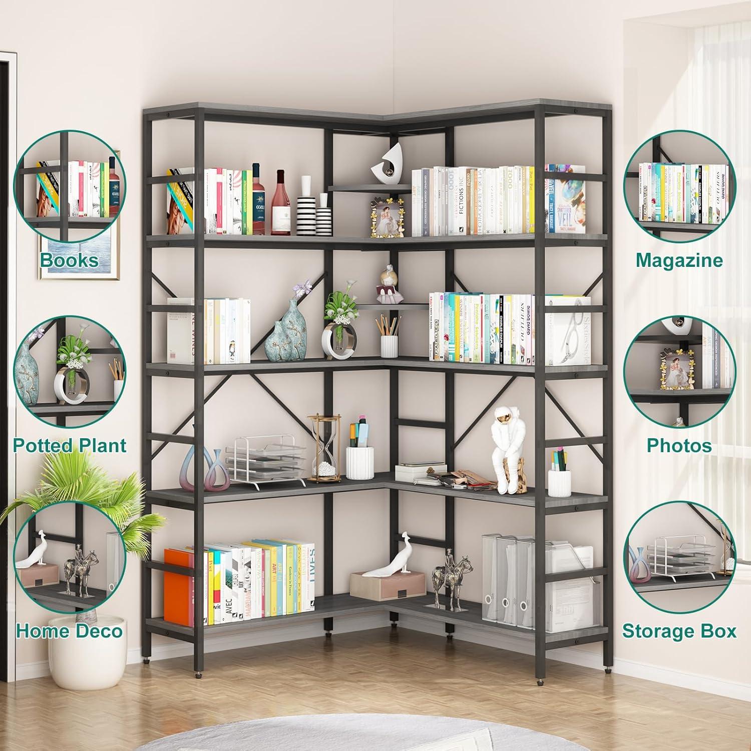 L-Shaped Corner Bookshelf, 5-Tier Industrial Bookcase with Heavy-Duty Metal Frame, Tall Storage Display Shelf for Bedroom, Living Room, and Home Office