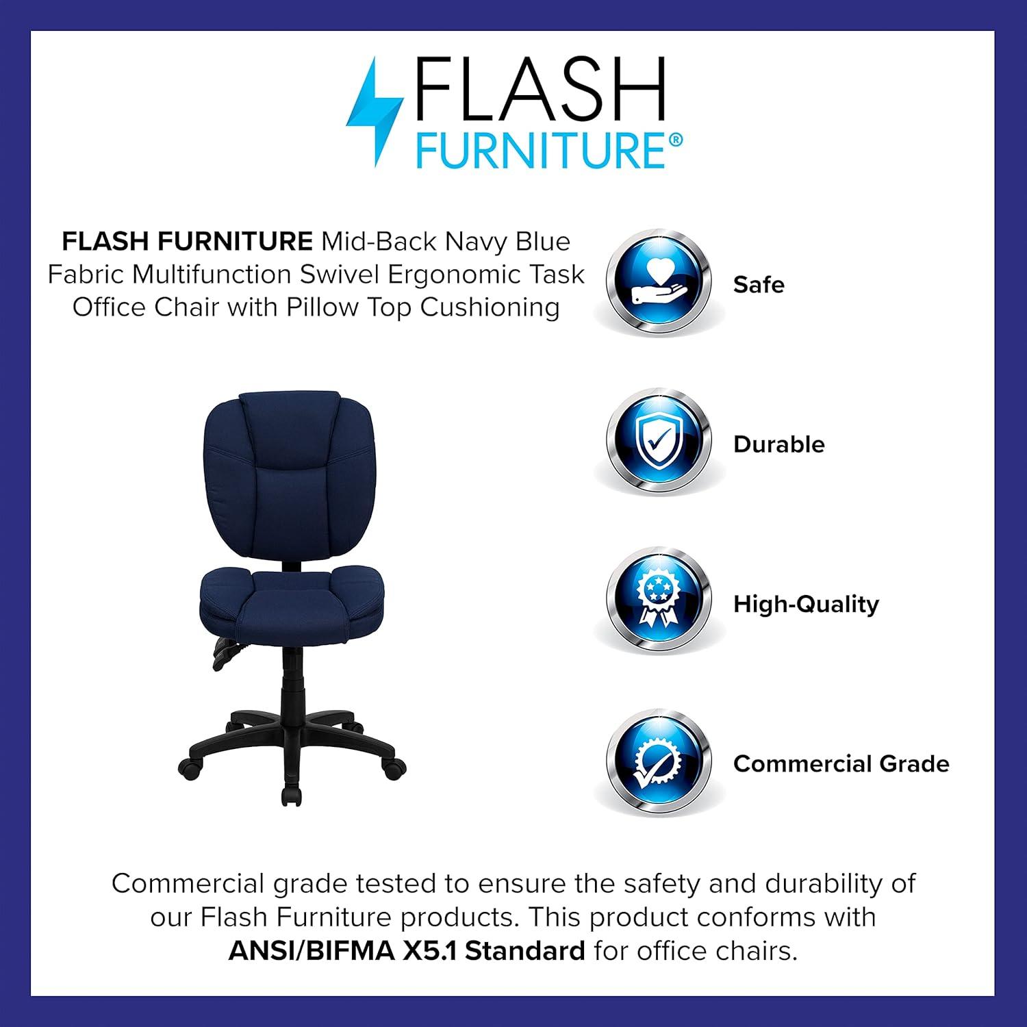 BizChair Mid-Back Navy Blue Fabric Multifunction Swivel Ergonomic Task Office Chair with Pillow Top Cushioning