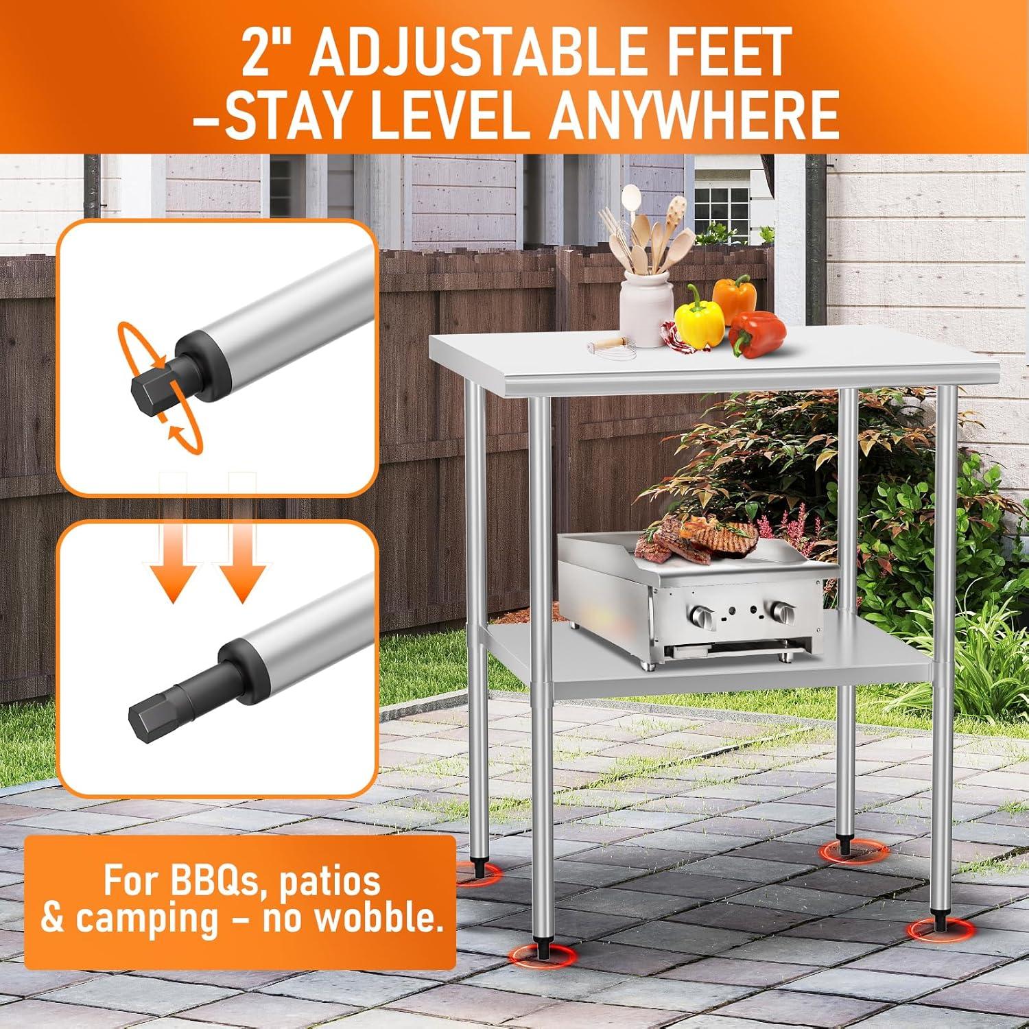 ROVSUN 30'' x 24'' Stainless Steel Table for Prep & Work, Metal Table with Undershelf for Kitchen Restaurant, Home