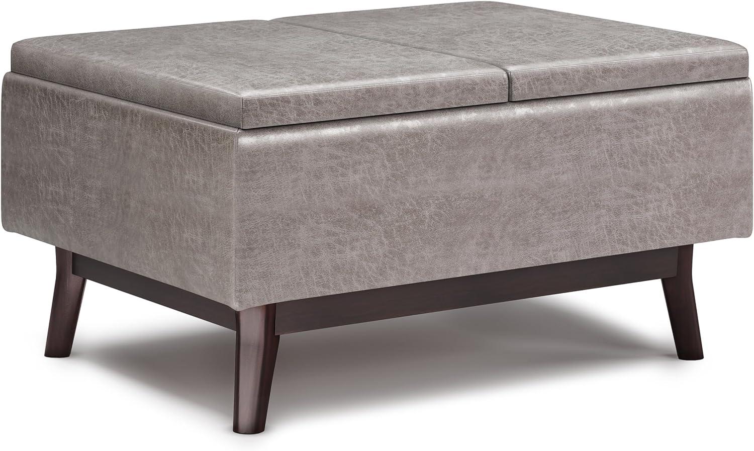 Simpli Home Small Coffee Table Storage Ottoman In Distressed Grey Vegan Faux Leather