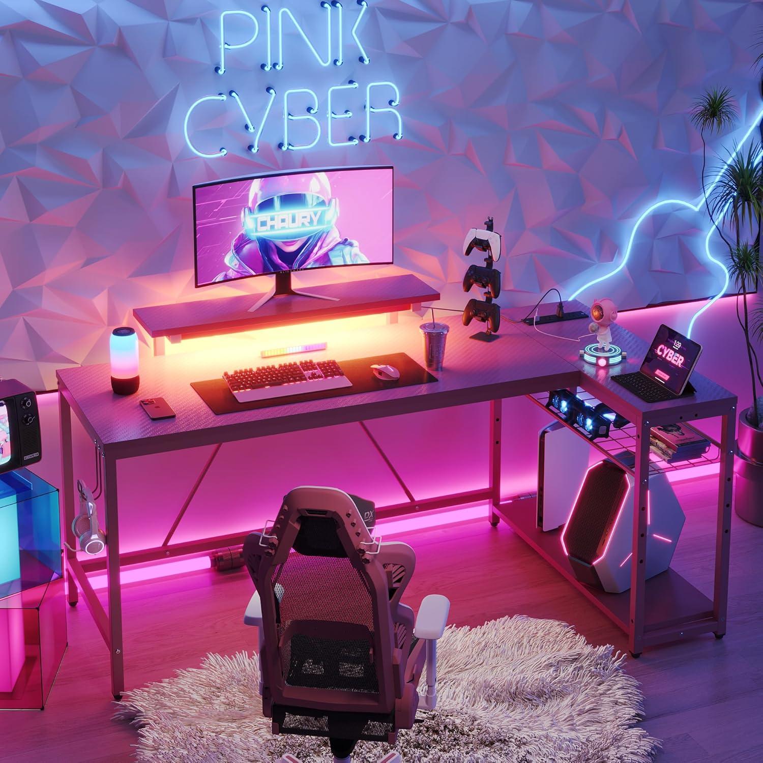 Bestier 58" Gaming Desk with LED Lights L Shaped Desk with Power Outlet & Monitor Stand Corner Computer Desk in Pink