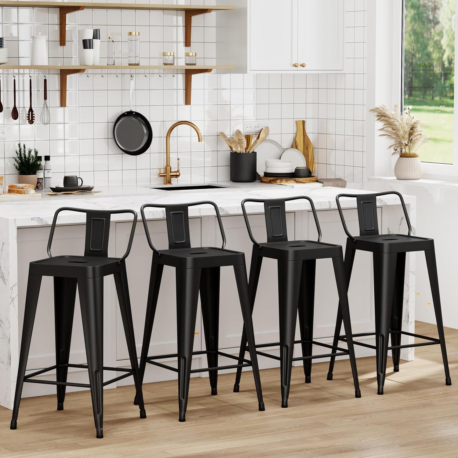 Andeworld  Bar Stools 24 Inches Metal bar stools with backs Set of 4 Black Wood Finish,Black Finish 1-Piece Single