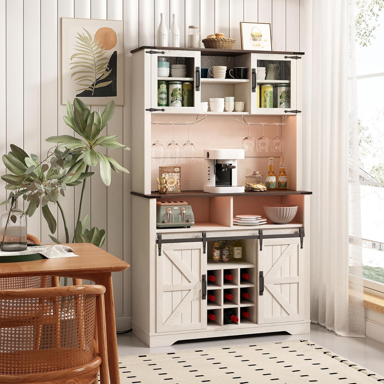Gracie Oaks Coffee Bar Cabinet with Sliding Barn Door, Buffet Cabinet with Hutch, Kitchen Pantry Cabinet with Power Outlet & Lighting, Tall Liquor Chest for Home Dining Room, White