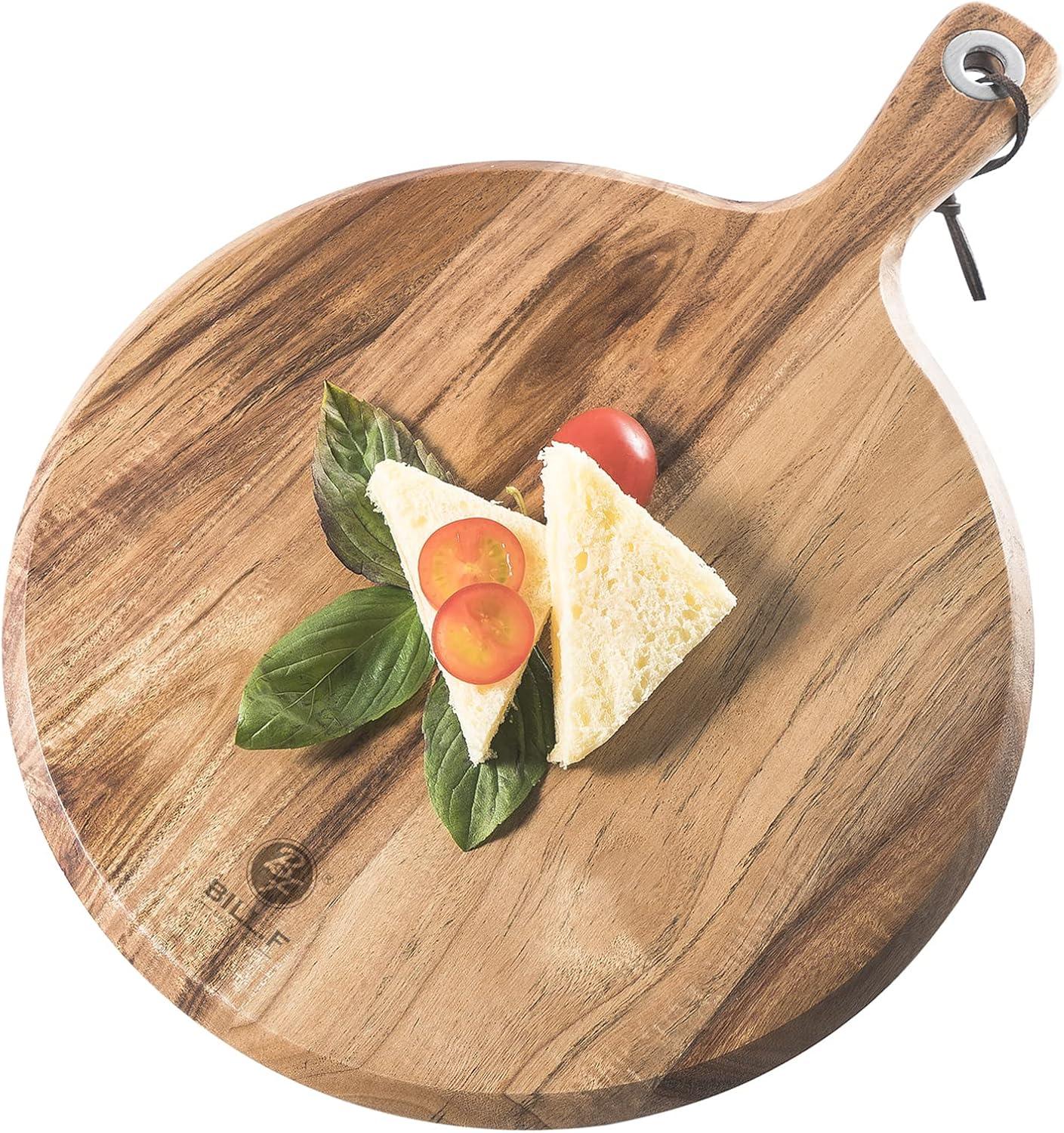 Acacia Wood Pizza Peel,12” Cutting Board, Cheese Paddle Board, Bread and Crackers Platter for Serving and Minor Food Prepare with Handle - 16 x 12 x 0.5 Inch