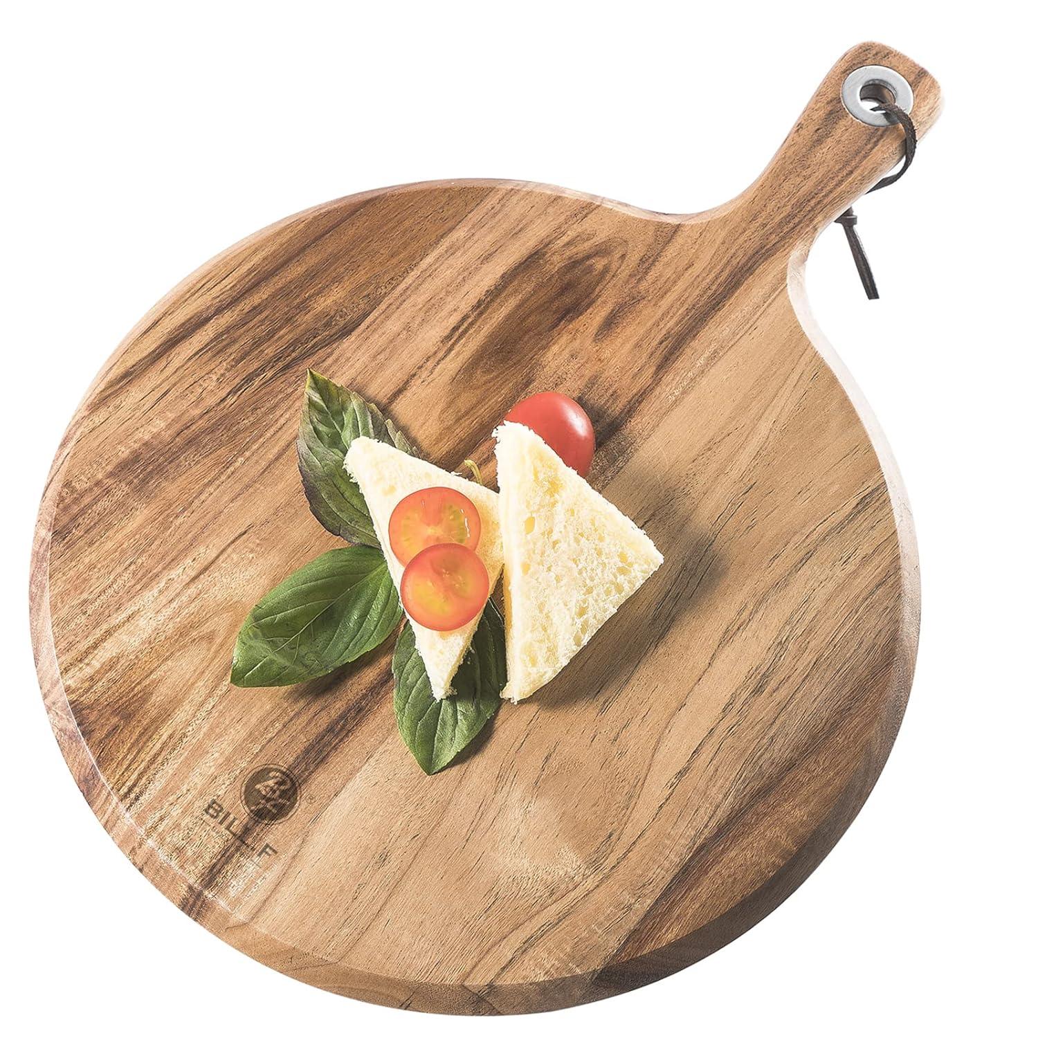 Acacia Wood Pizza Peel,12” Cutting Board, Cheese Paddle Board, Bread and Crackers Platter for Serving and Minor Food Prepare with Handle - 16 x 12 x 0.5 Inch