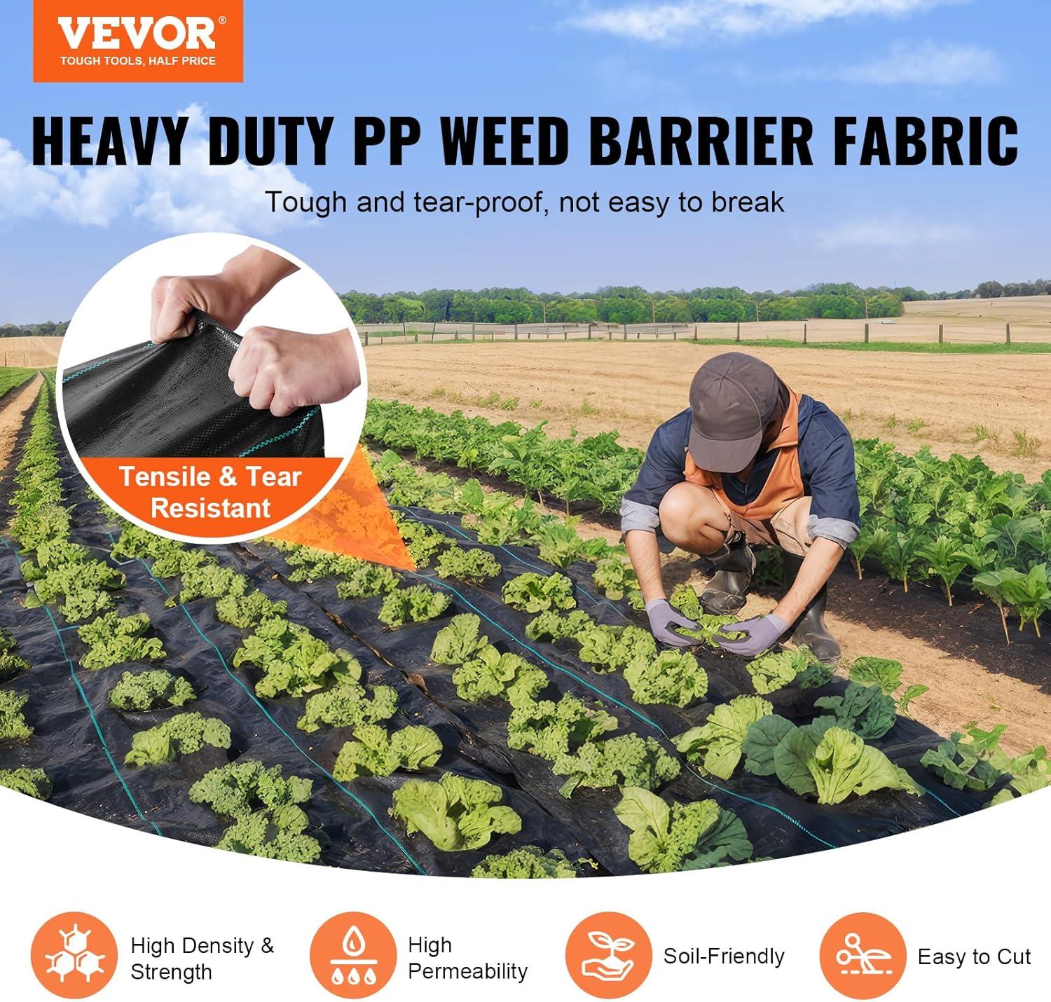 VEVOR 3FT x 250FT Black Polypropylene Weed Barrier Fabric