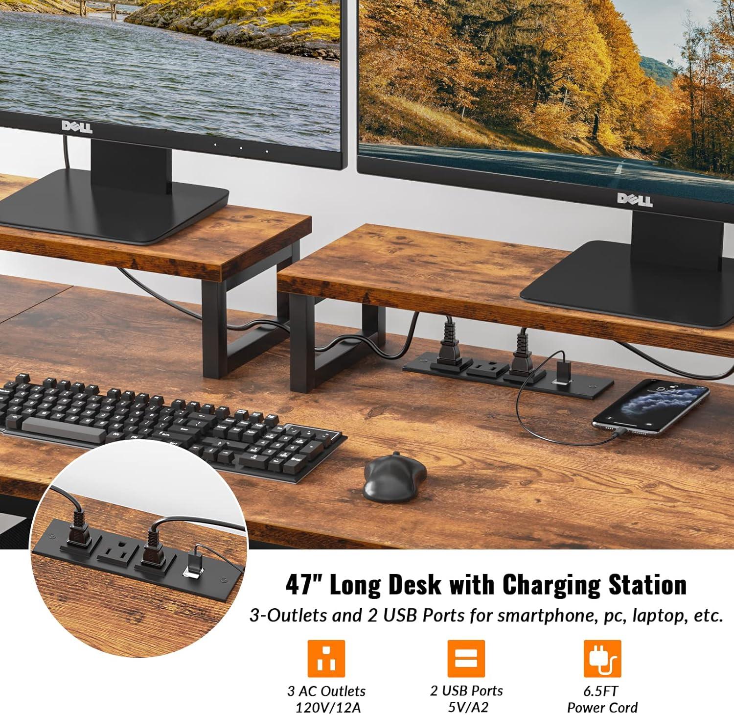 Rustic Brown Computer Desk with Drawer and Power Outlets