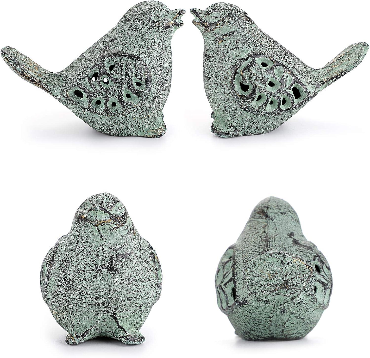 Green Cast Iron Hollow Carved Bird Sculptures Set