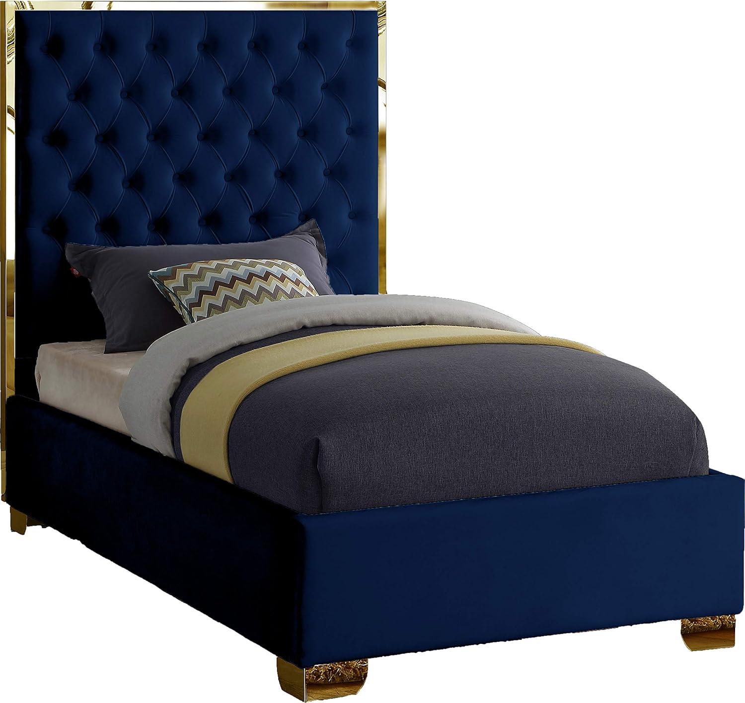 Meridian Furniture Lana Solid Wood and Velvet Twin Bed in Navy