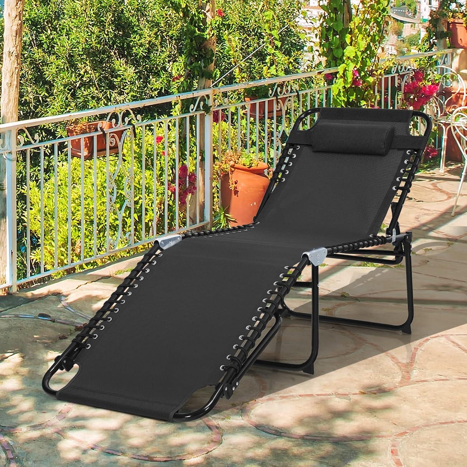 GVN Outdoor Chaise Lounge, 4 Position Folding Lounge Chaise with Adjustable Backrest and Footrest-Black, Outdoor Chaise Lounge Chair for Pool Backyard Beach