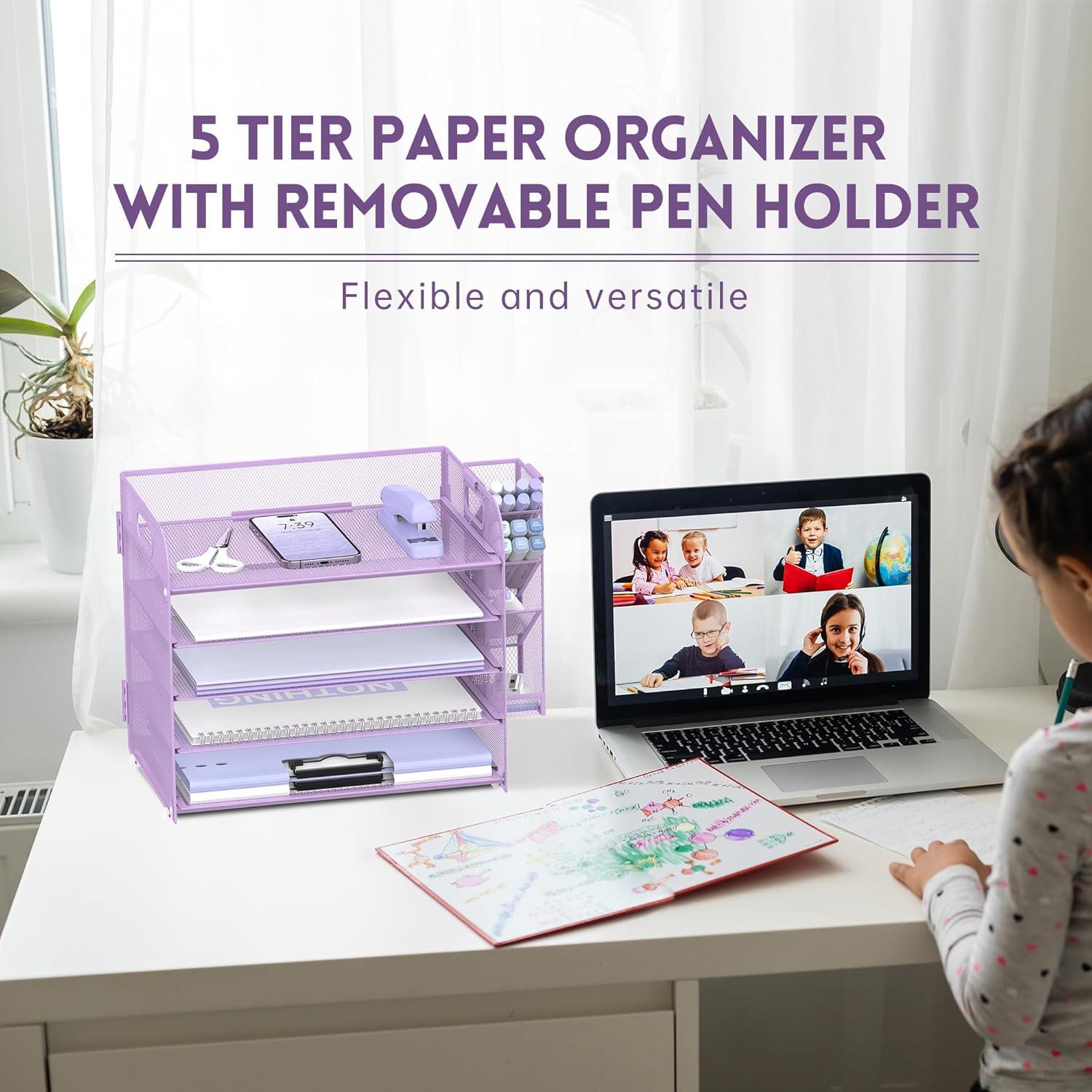 Marbrasse Paper Organizer Letter Tray, 5 Tier Mesh File Organizer with Handle, Paper Sorter Desk Organizer for Home Office Supplies - Purple