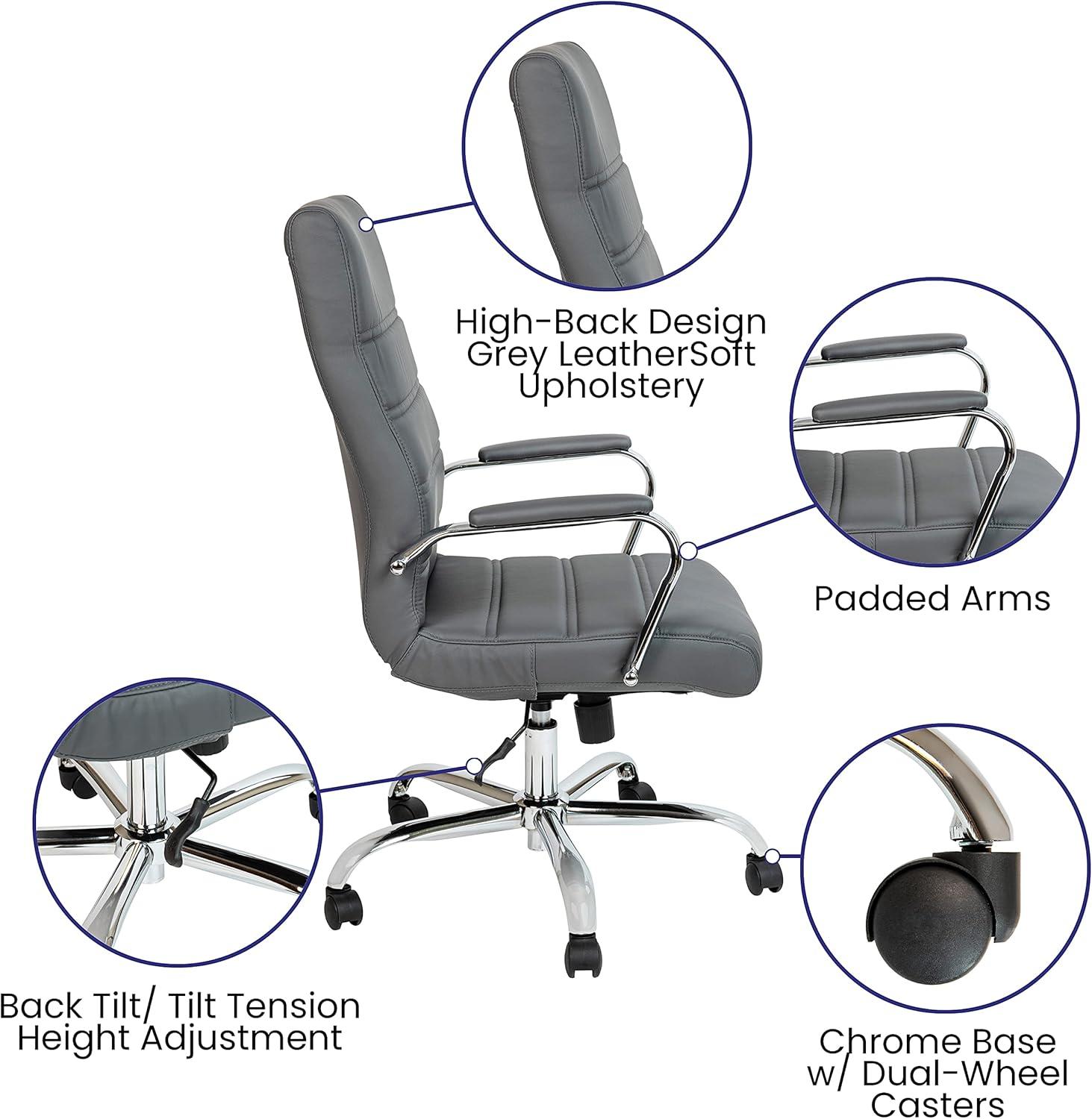 Whitney High-Back Swivel LeatherSoft Desk Chair with Armrests, Gray/Chrome