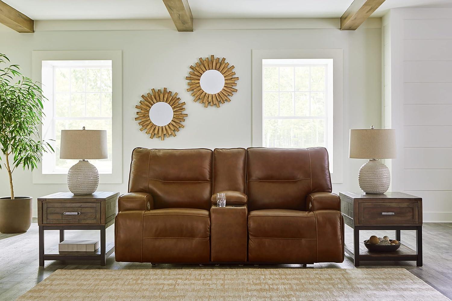 Brown Faux Leather Power Reclining Sectional with Cup Holder