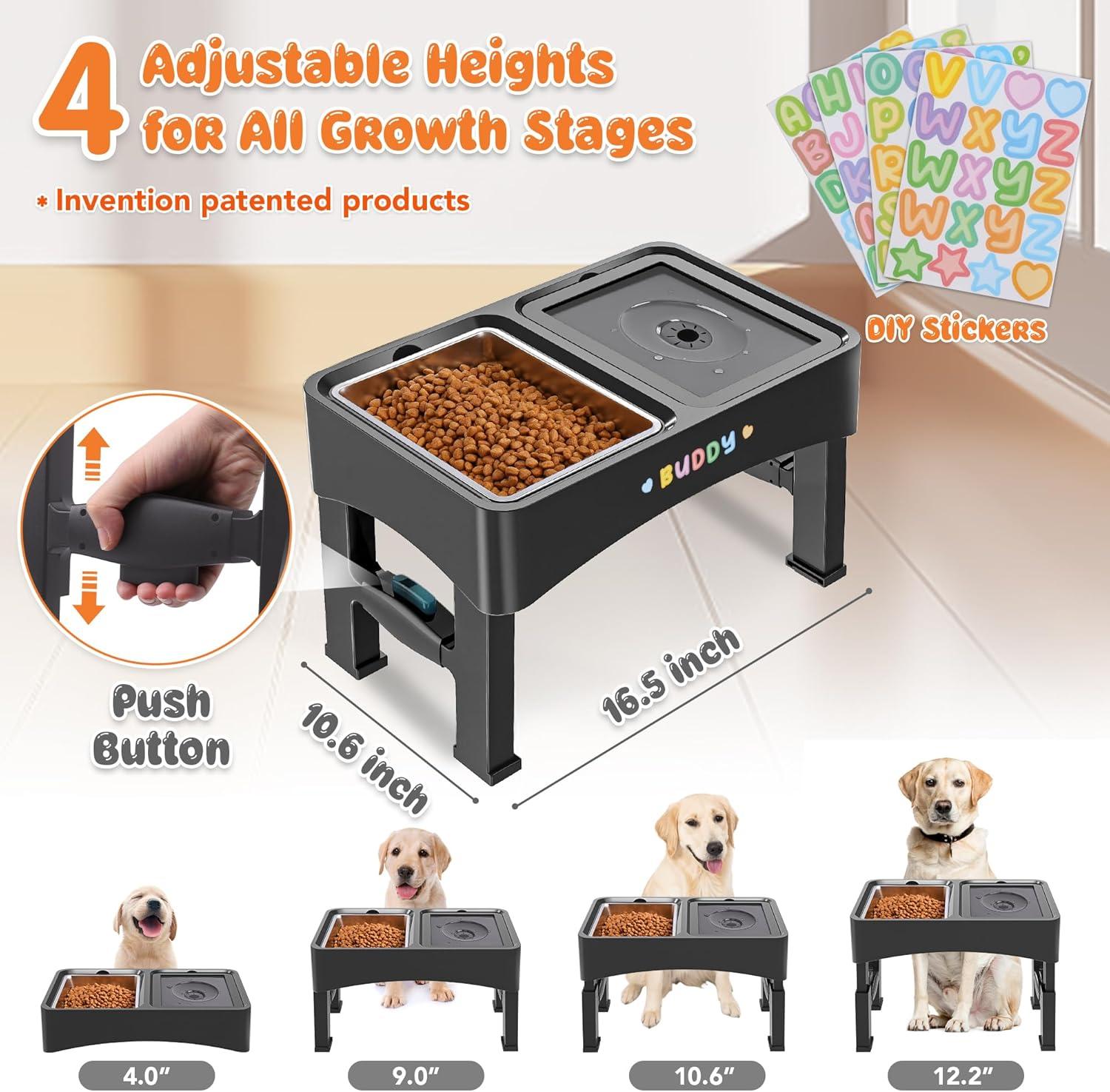 3-in-1 Elevated Dog Bowls, YPF5 4 Height Adjustable Raised Dog Bowls with Stainless Steel Dog Food Bowls, Slow Feeder, No Spill Water Bowl, DIY Stickers Foldable Pet Bowl for Medium Large Dogs