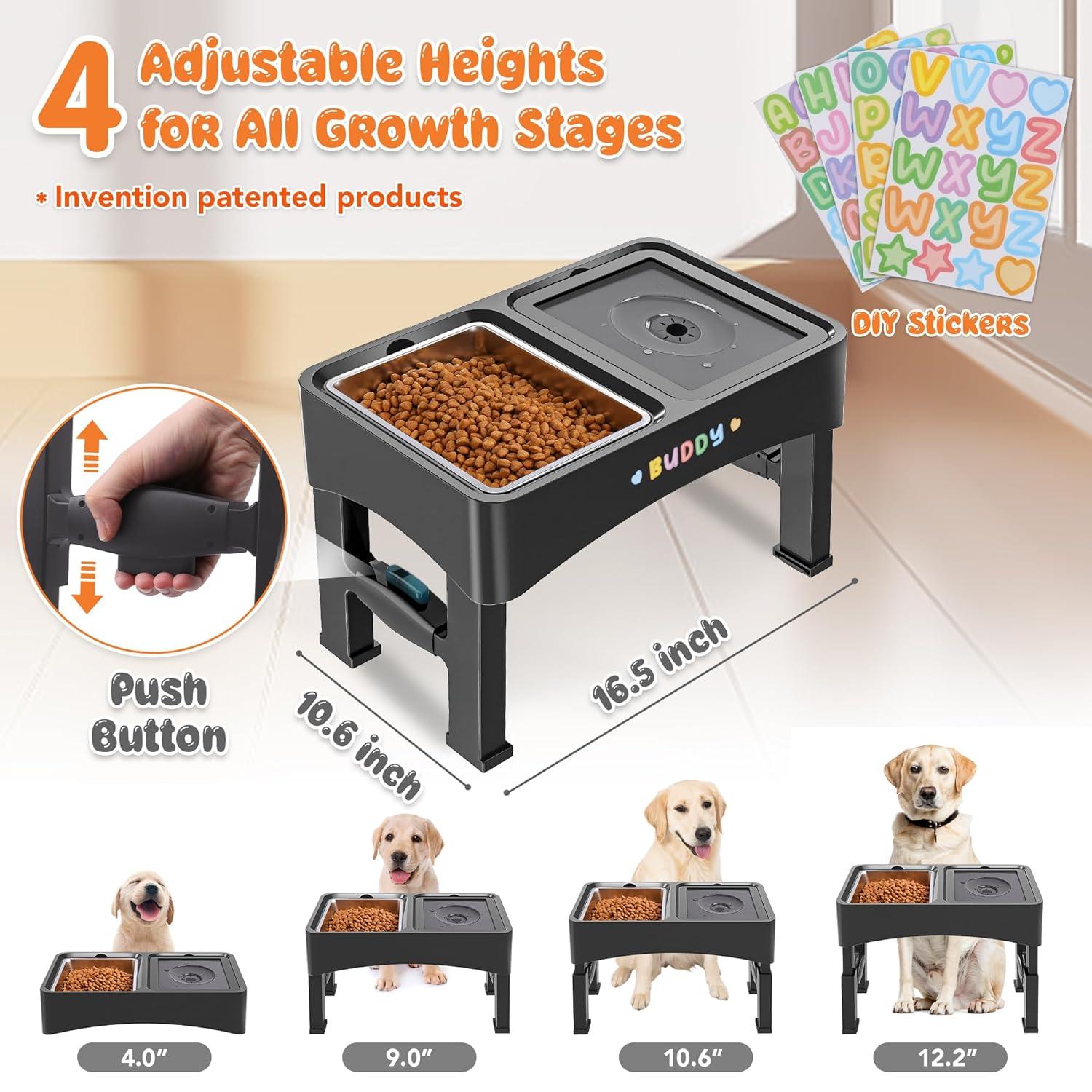 Decflow 3-in-1 Elevated Dog Bowls, 4 Height Adjustable Raised Dog Bowls with Stainless Steel Dog Food Bowls, Slow Feeder, No Spill Water Bowl, DIY Stickers Foldable Pet Bowl for Medium Large Dogs C25