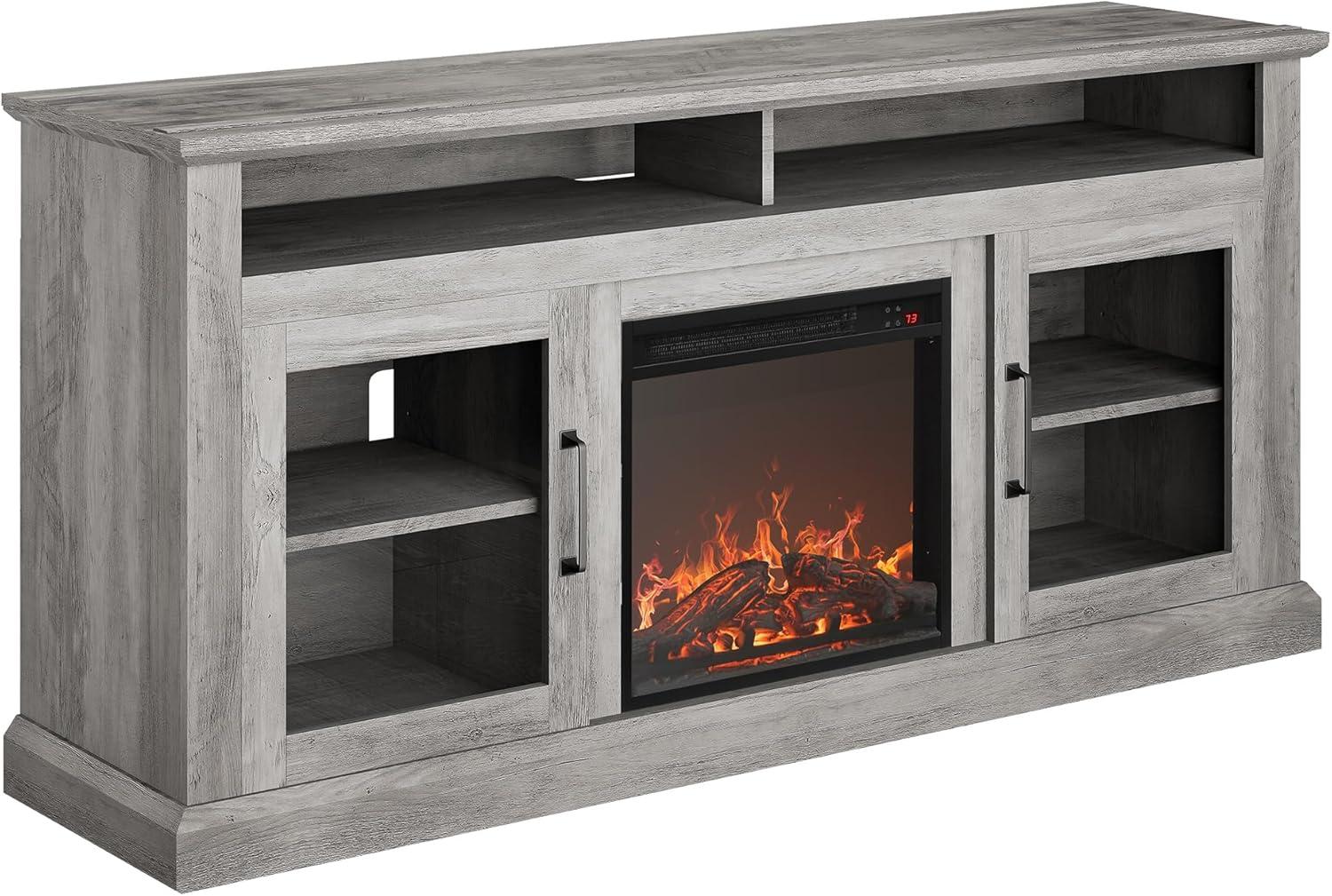 Gray Wash 60" TV Stand with Electric Fireplace and Cabinets