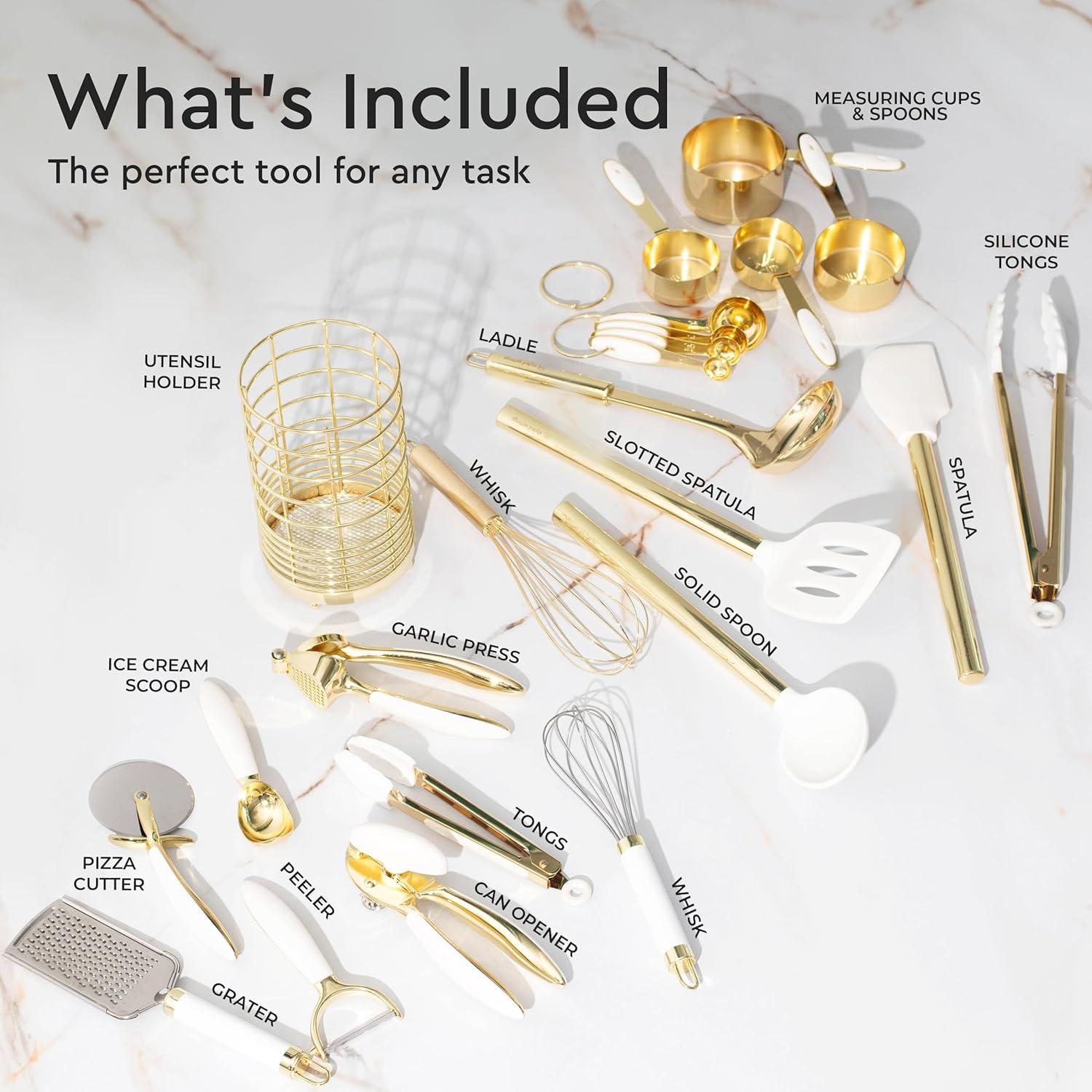 White and Gold Kitchen Utensils Set - 23 Piece Luxe White and Gold Kitchen Accessories Include Gold Measuring Cups and Spoons, White Silicone and Gold Cooking Utensils, White and Gold Kitchen Tools