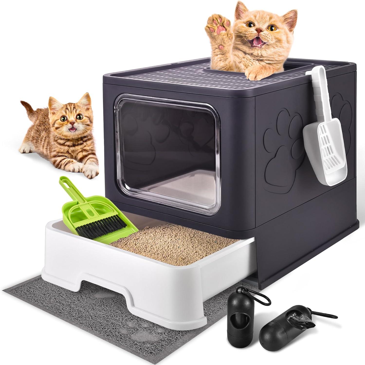 Purple Foldable Covered Cat Litter Box with Scoop and Mat