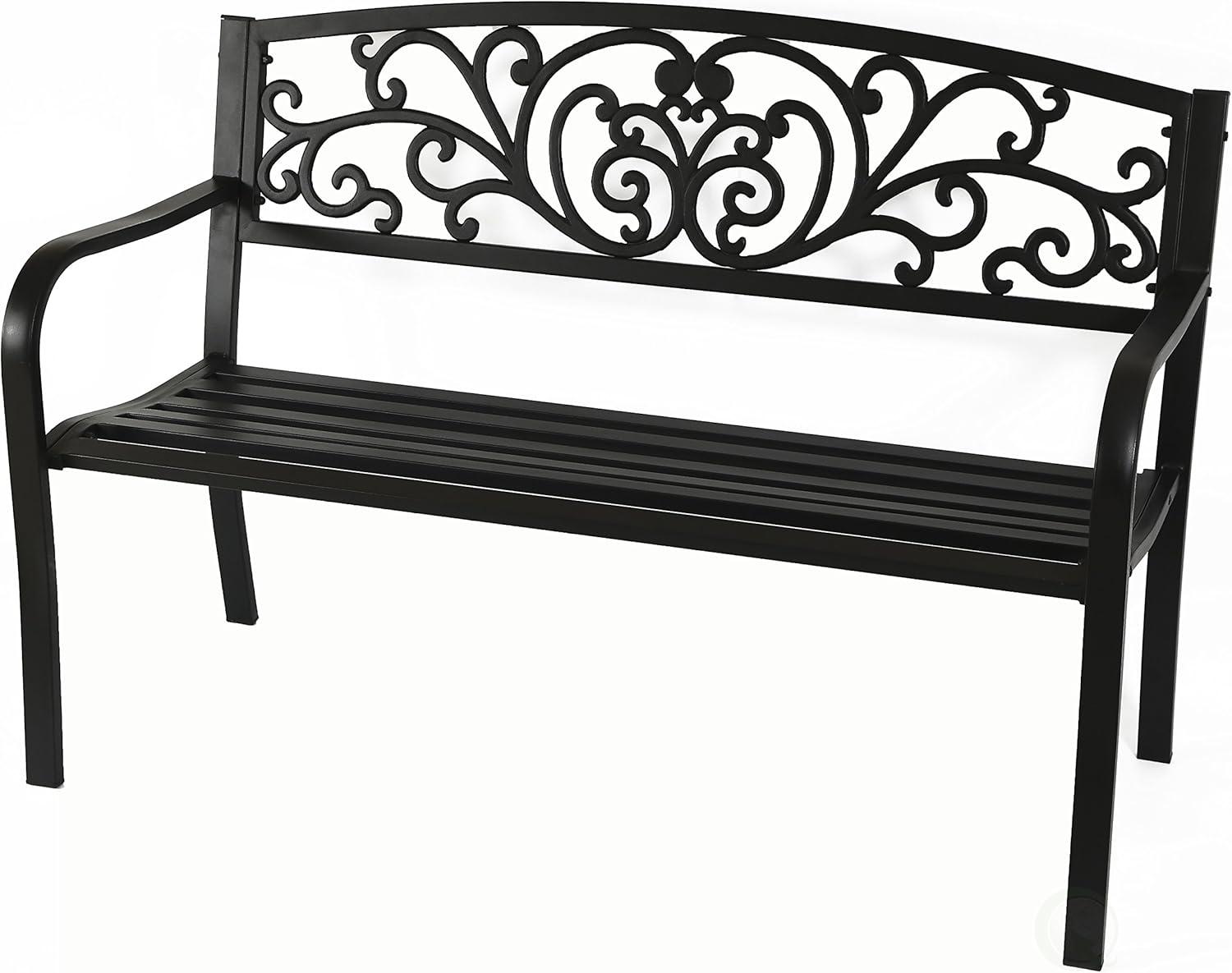 Gardenised Black Patio Garden Park Yard 50" Outdoor Steel Bench Powder Coated with Cast Iron Back