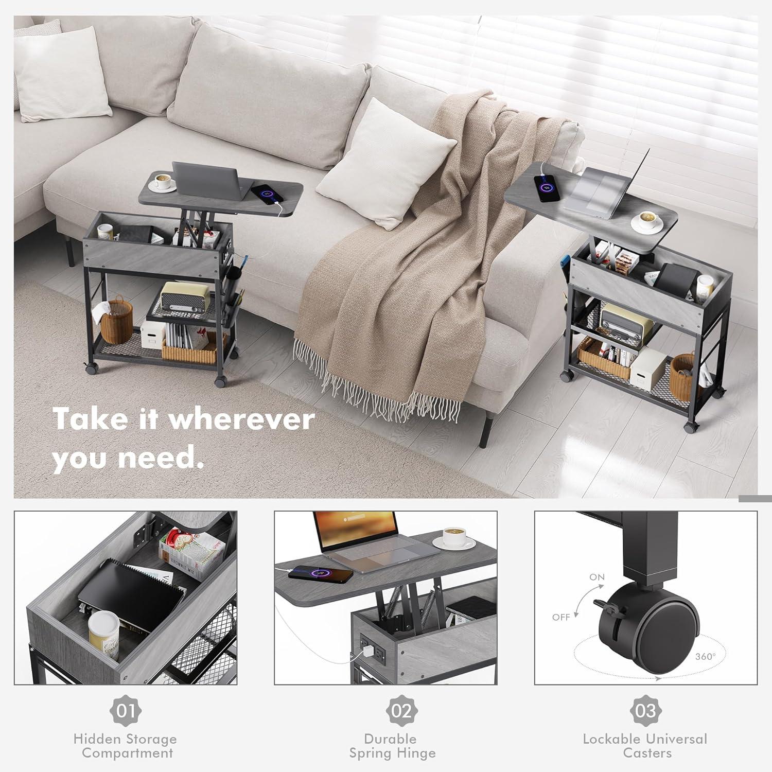 Colima Lift Top End Table with Charging Station and Wheels, Sofa Side Table with USB Port & AC Outlets, Movable Bedside Nightstand with Side Bag for Office Living Room Bedroom(Gray)