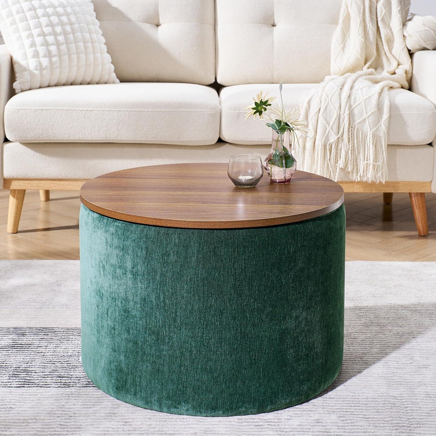 2-Piece Set Storage Ottoman, Round Chenille Makeup Vanity Stool Chair with Storage Space, for Serving as a Living Room Footstool, Coffee Table and Additional Seats, Dark Green