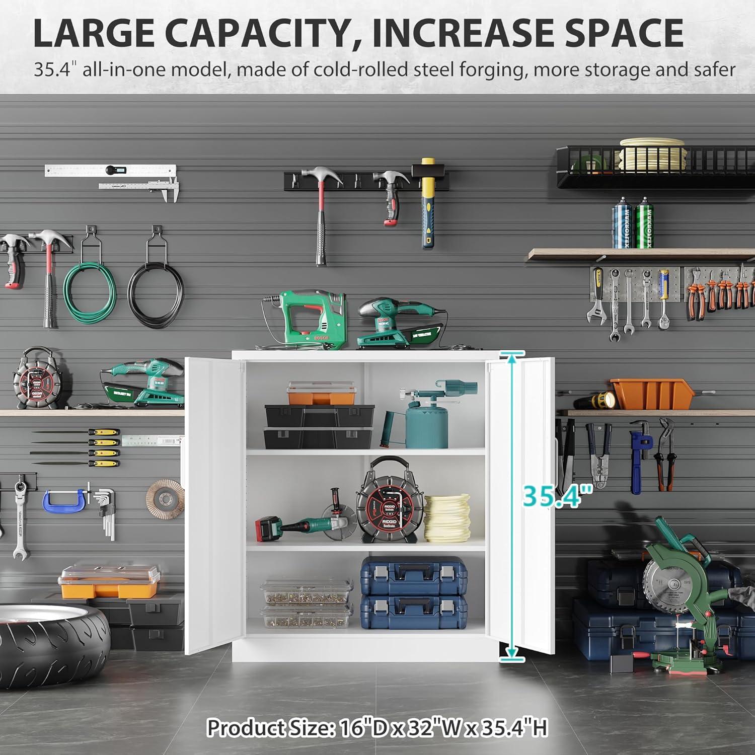 Metal Storage Cabinets with Shelves and Doors, Sideboard Buffet Cabinet for Kitchen, Entryway, Living Room, Home Office, Garage, Utility Room and Basement, 36.2" H x 31.5" W x 15.7" D (White)