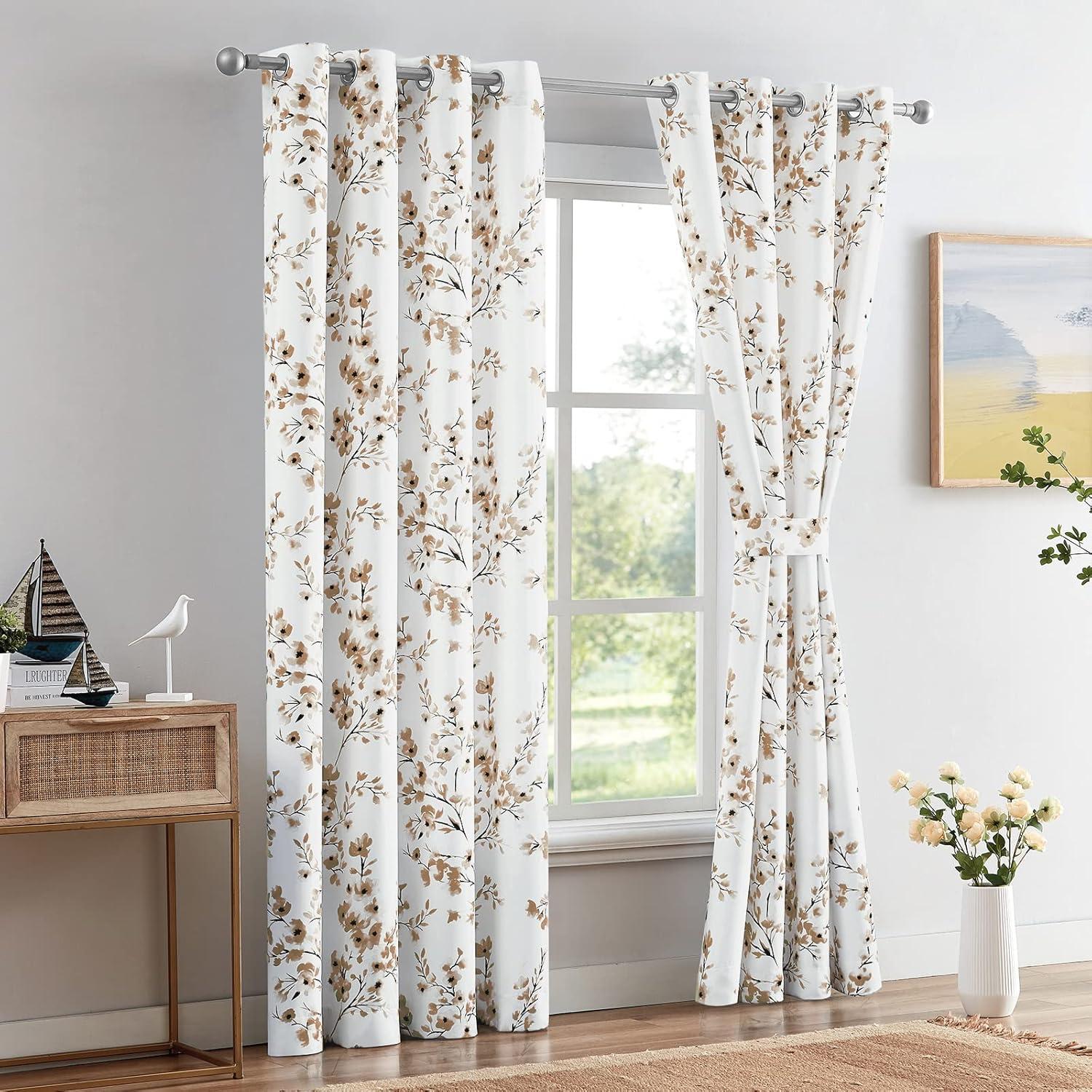 Coffee Apricot Floral Blackout Grommet Curtains 84" x 52"