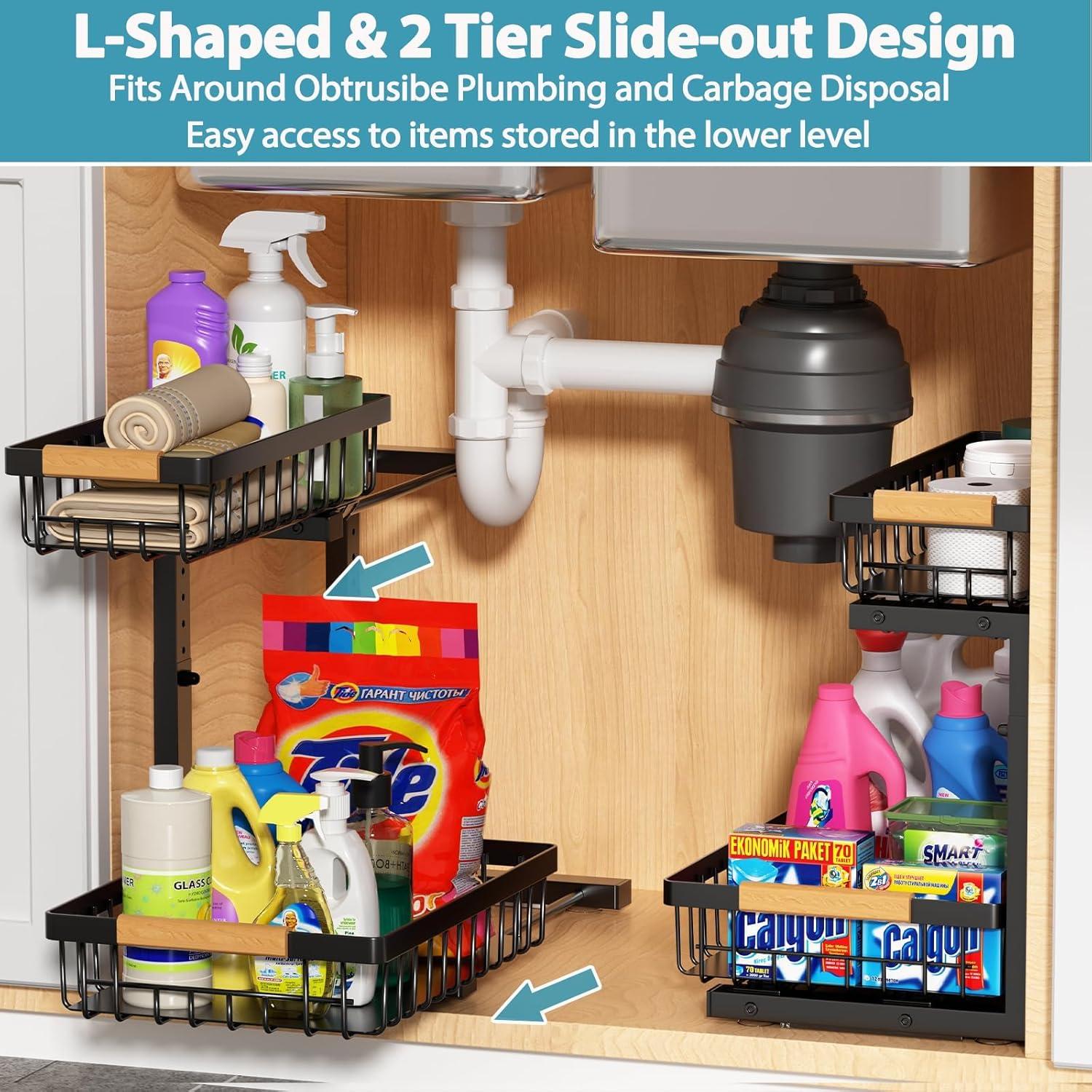Rebrilliant Under Sink Organizer, 2 Tier Under Sink Organizers And Storage, Metal Slide Out Pull Out Cabinet Organizer ,2 Pack Sliding Drawer Organizer For Kitchen Bathroom Pantry
