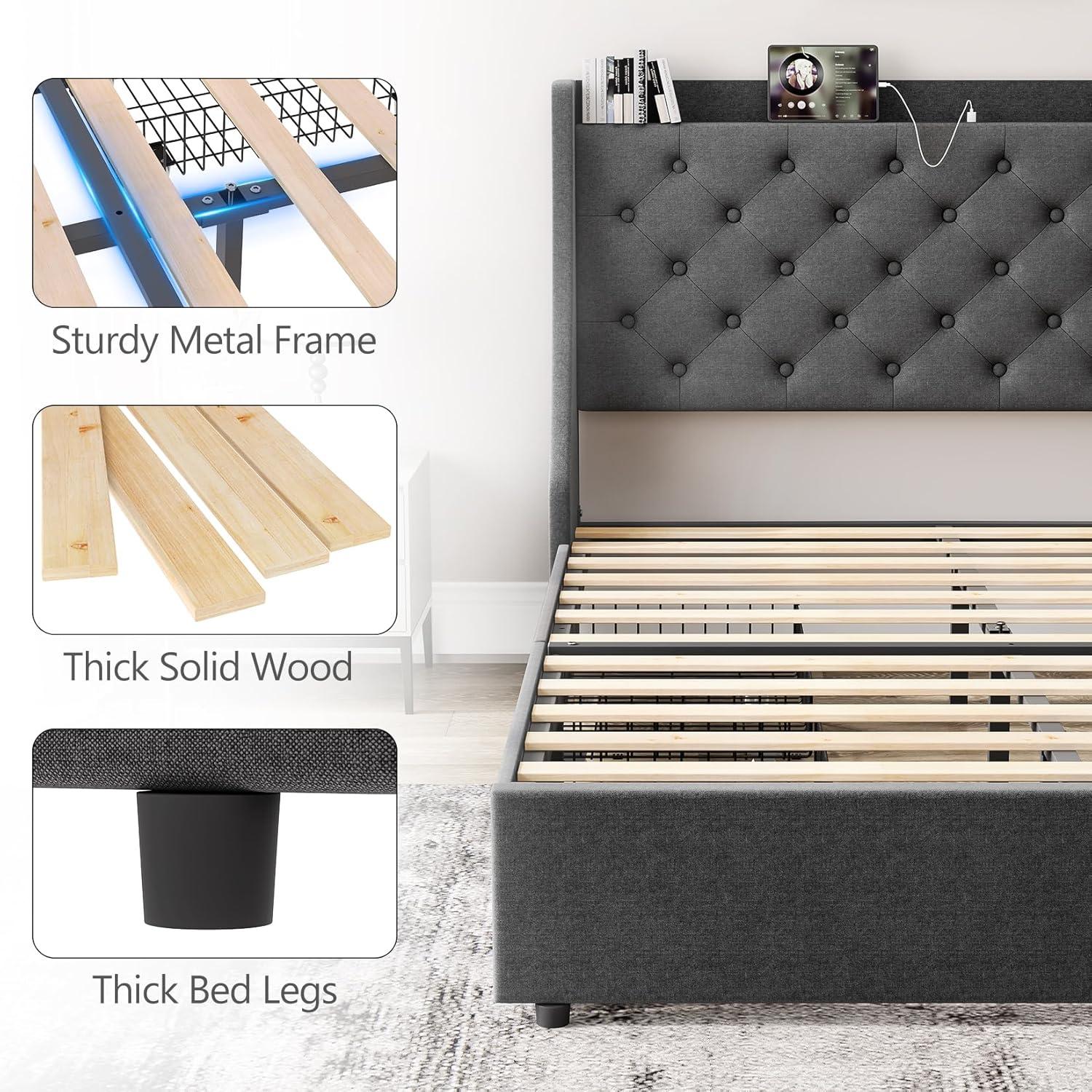 Huloretions Queen Bed Frame With Charging Station,Platform Bed With 4 Storage Drawers,Upholstered Wingback Headboard And Storage Shelf,No Box Spring Needed Easy Assembly