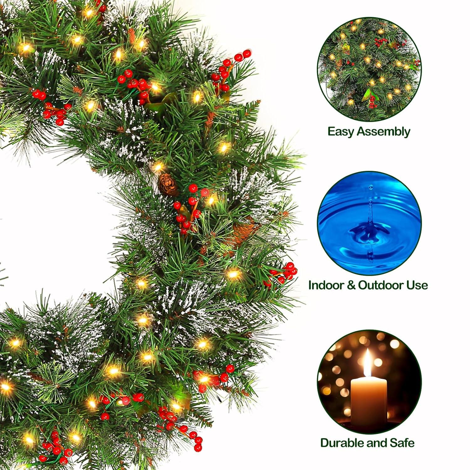 💐 Wreath door hanger 24" Pre-Lit Artificial Christmas Wreaths for Front Door Decorated with Pine Cones, Red Berries, Frosted Branches, 50 LED Lights for Indoor Outdoor Christmas Decorations