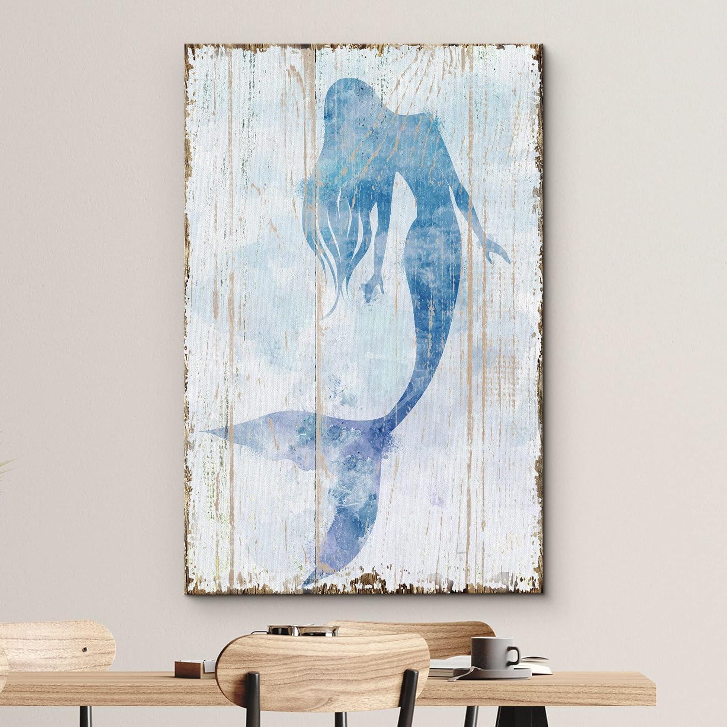 wall26 Canvas Print Wall Art Mermaid Swimming on Watercolor Wood Panels Fantasy & Sci-Fi Ocean Illustrations Modern Art Rustic Scenic Relax/Calm Multicolor for Living Room, Bedroom, Office - 16&q