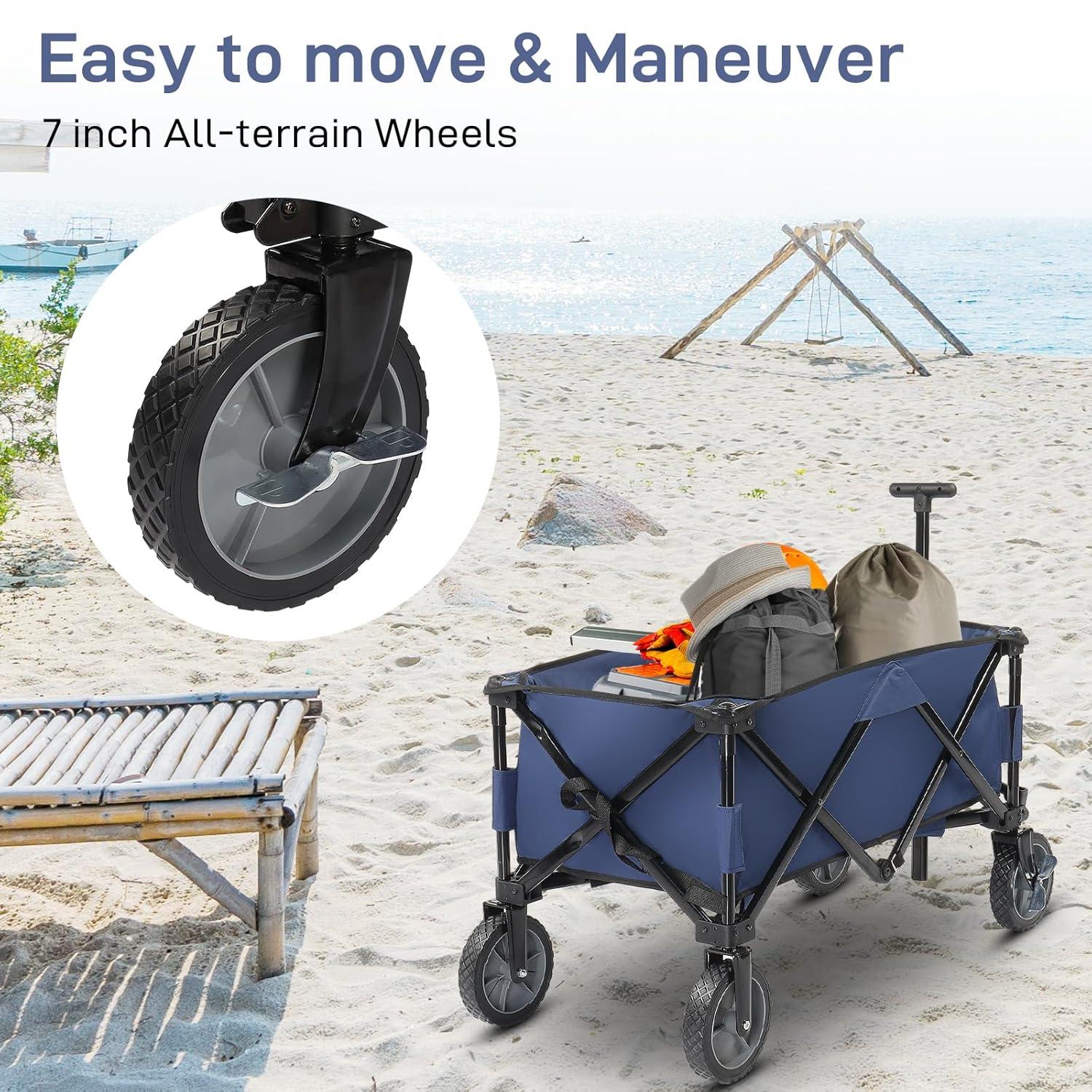 Collapsible Wagon, Beach with Big Wheels for Sand, Grocery Wagon All-Terrain Wheels Garden Grocery for Shopping, Park Picnic, Camping, Beach Trip