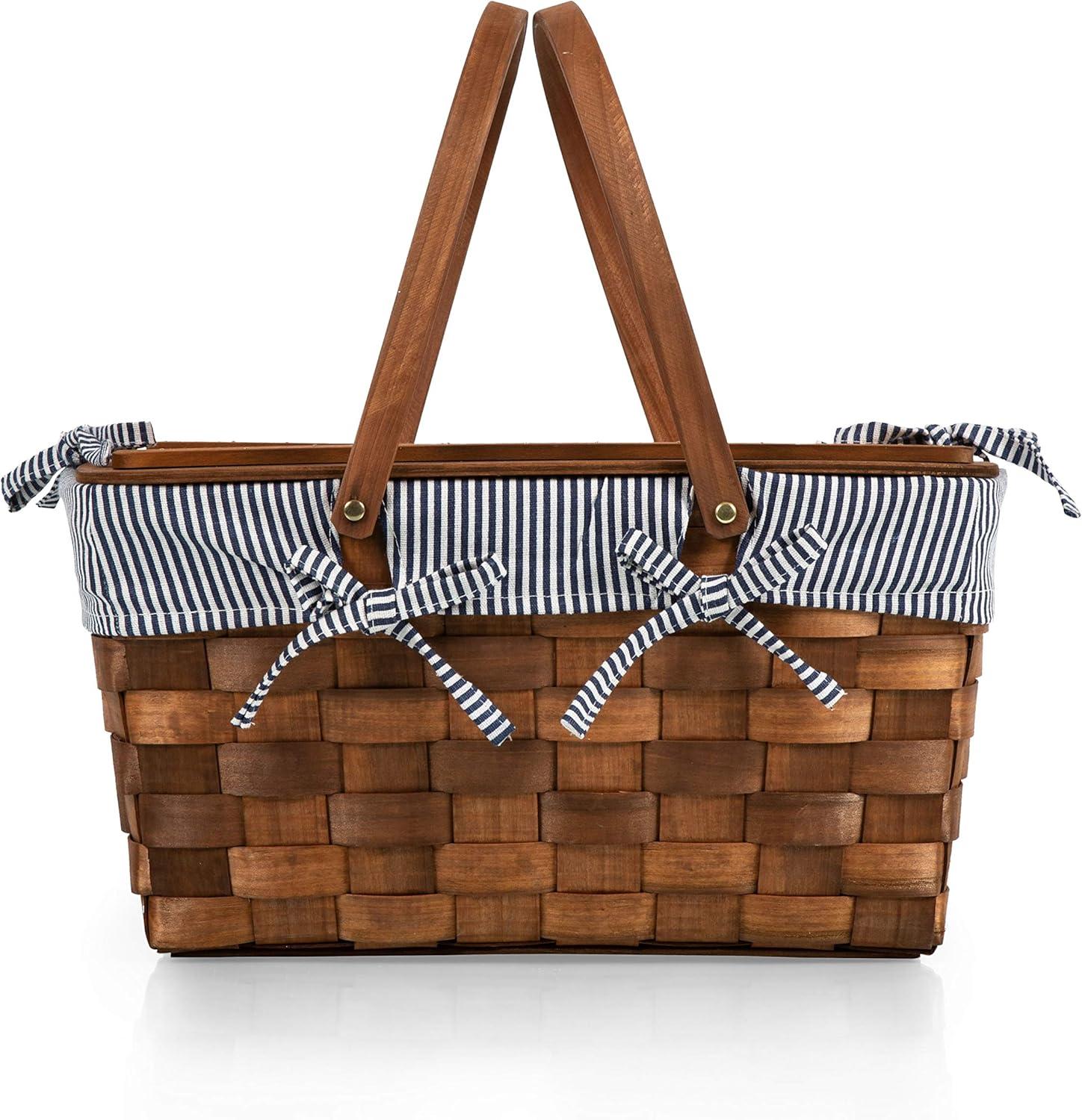 Picnic Time Kansas Handwoven Wood Picnic Basket with Navy Blue and White Stripe