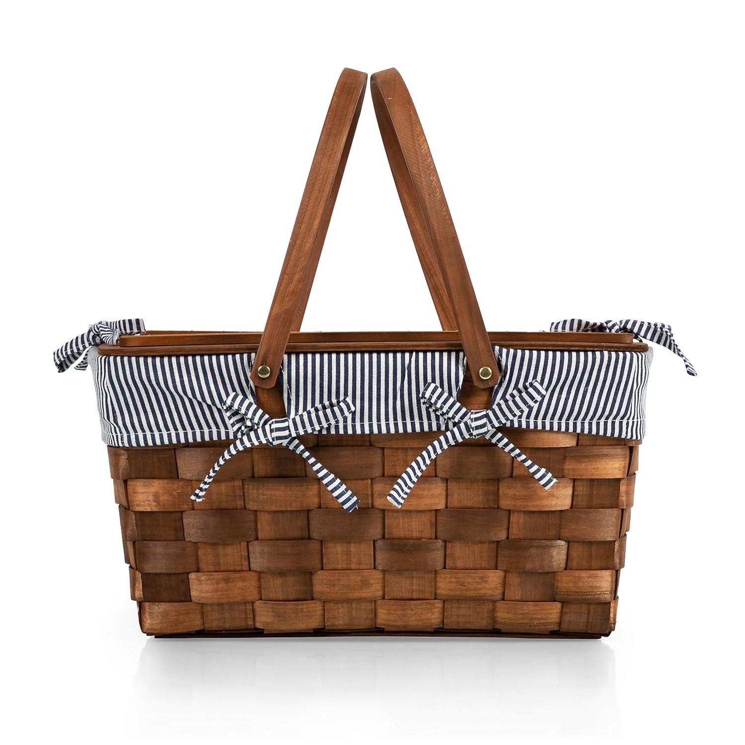 Picnic Time Kansas Handwoven Wood Picnic Basket with Navy Blue and White Stripe