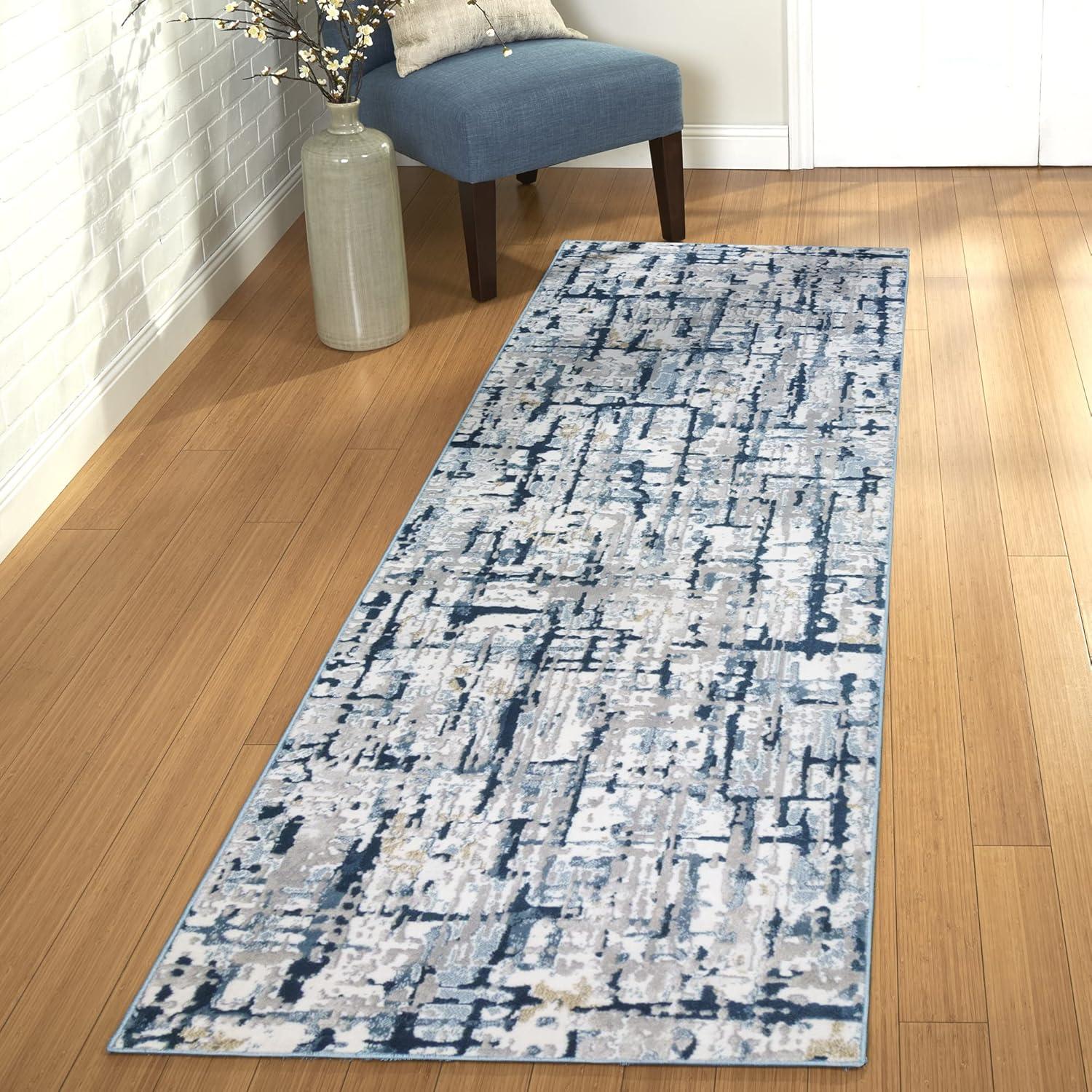 Quattro Abstract Gray Navy Blue Ivory Modern Polypropylene Indoor High-Low Area Rug