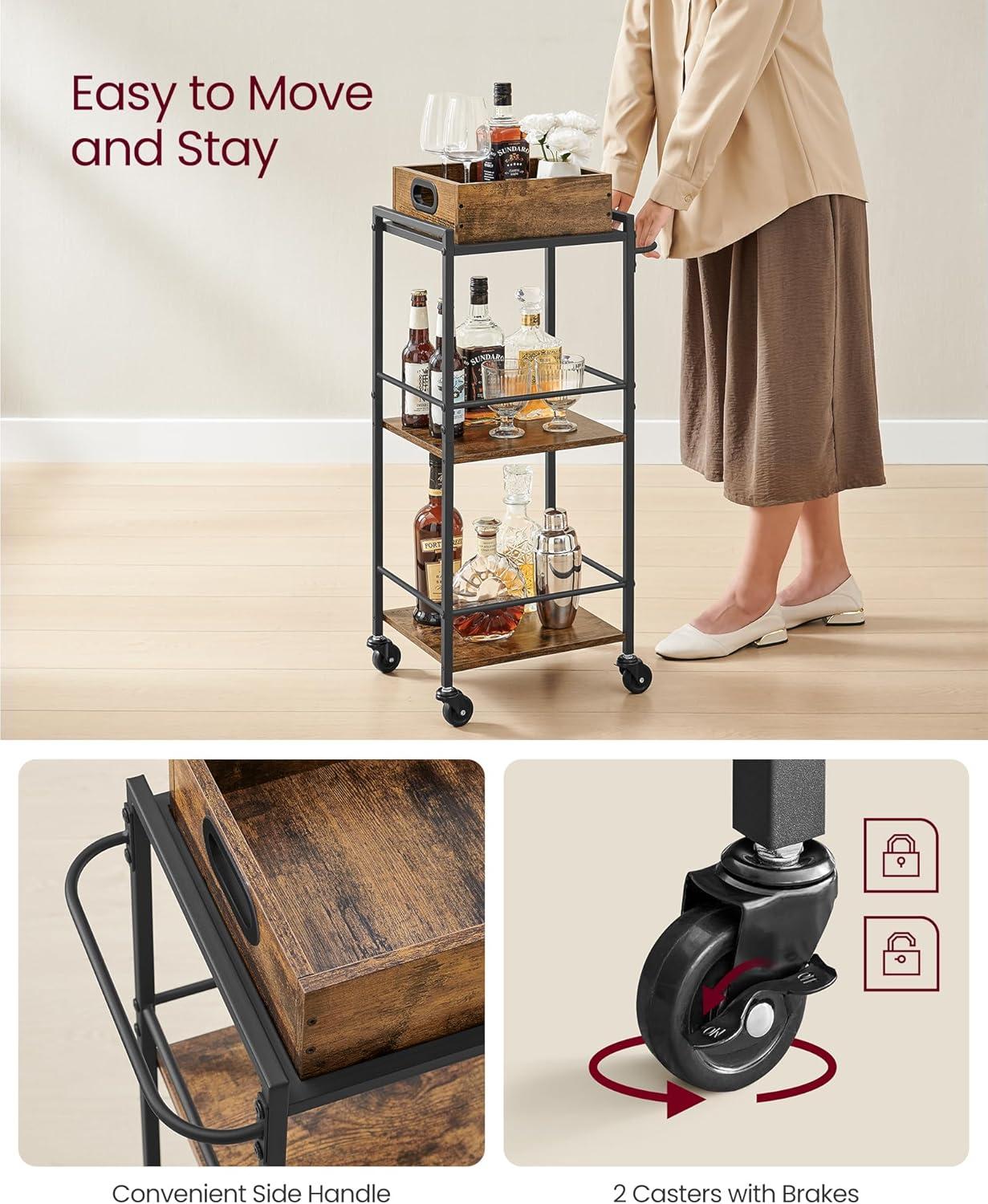 VASAGLE Kitchen Serving Cart with Removable Tray, 3-Tier Kitchen Utility Cart on Wheels with Storage, with Brakes, Rustic Brown and Black