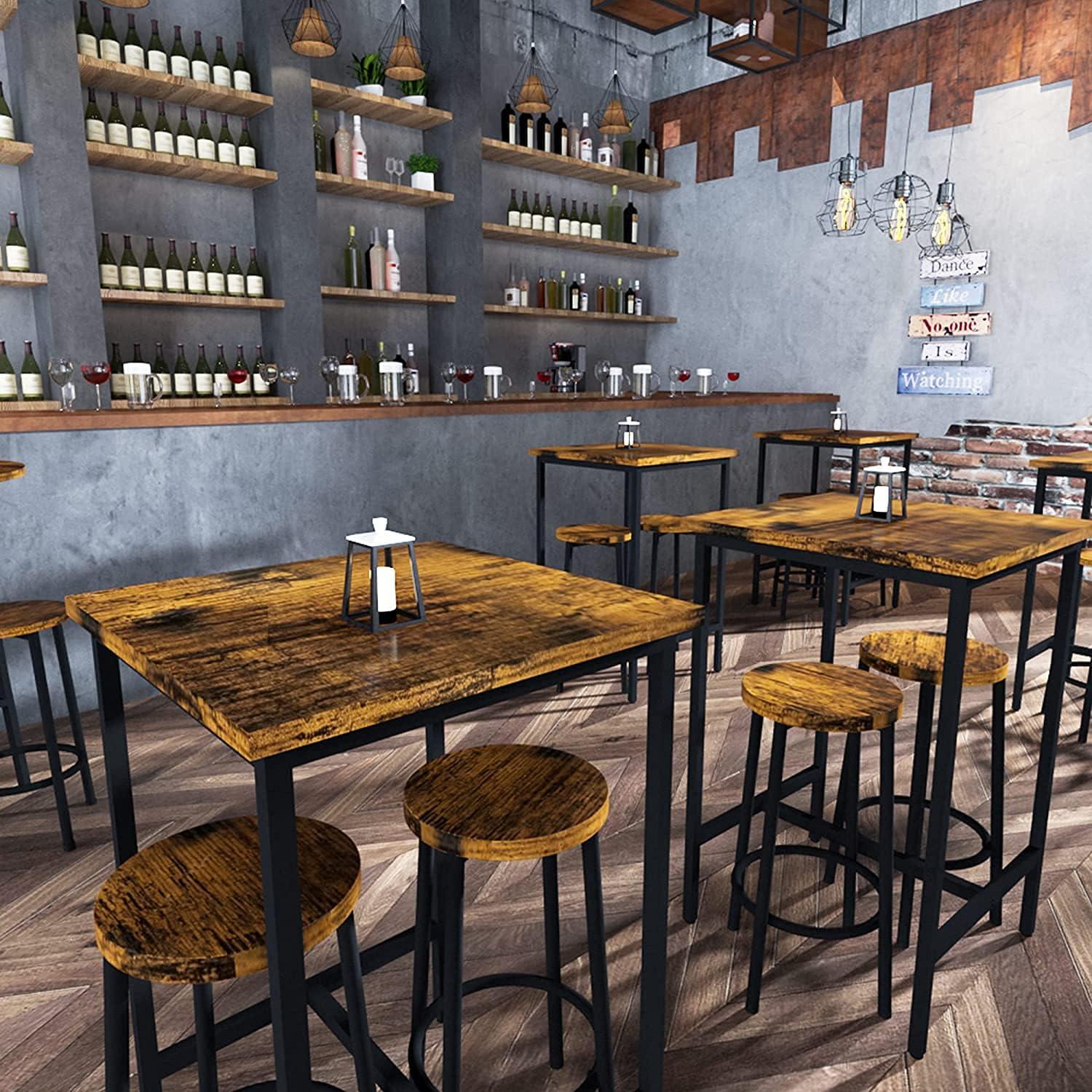 Rustic Brown Square Pub Table Set with Metal Frame and 2 Stools