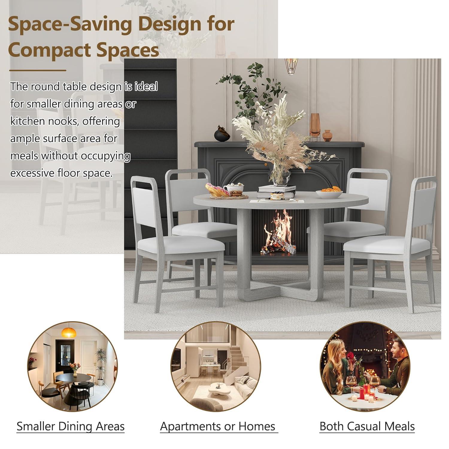 Merax 5-Piece Retro Dining Set, Round Table Top with Radial Wood Grain Design and 4 Upholstered Chairs for Dining Room and Kitchen, Antique Gray