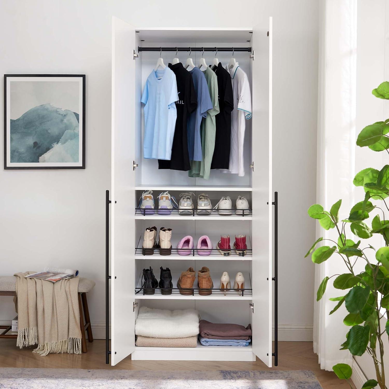 White MDF Freestanding Wardrobe Closet with Black Handles