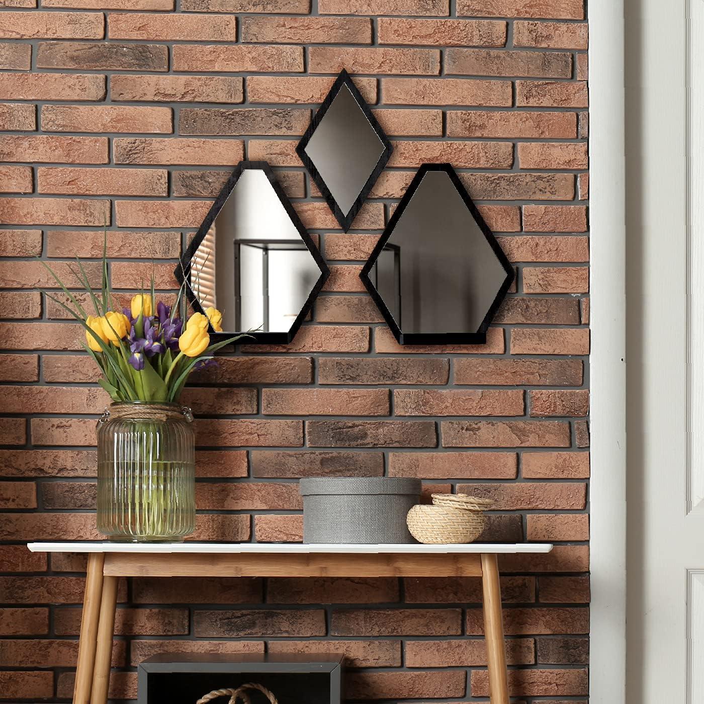 Design Wall Mount Decorative Mirrors- Set of 3, Geometric Rustic Wood Real Mirror with Shelf for Bedroom, Bathroom, Living Room, Kitchen Wall Art Décor