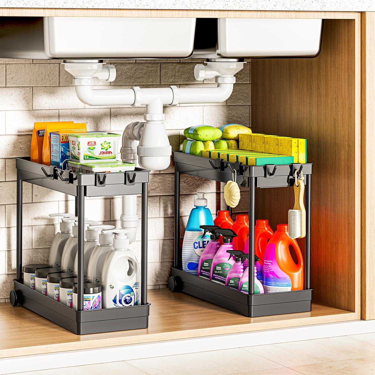 2 Pack Under Sink Organizer, 2 Tier Bathroom Cabinet Organizers and Storage with Hook, Multi-purpose Storage Basket Shelf for Kitchen, Black