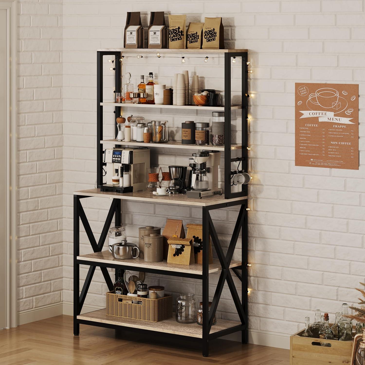 Yaheetech 6-Tier Kitchen Bakers Rack, 31.5 Inch Coffee Bar Table, Farmhouse Microwave Oven Stand Cabinet for Small Spaces, Corner Organizer Storage Shelf for Spices and Pots, Grey