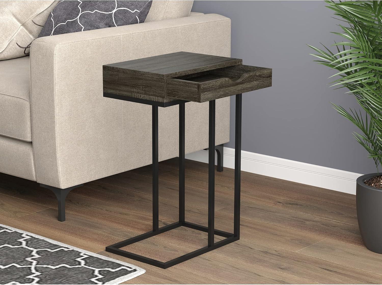 Modern Rectangular Grey Wood Black Metal End Table with Drawer