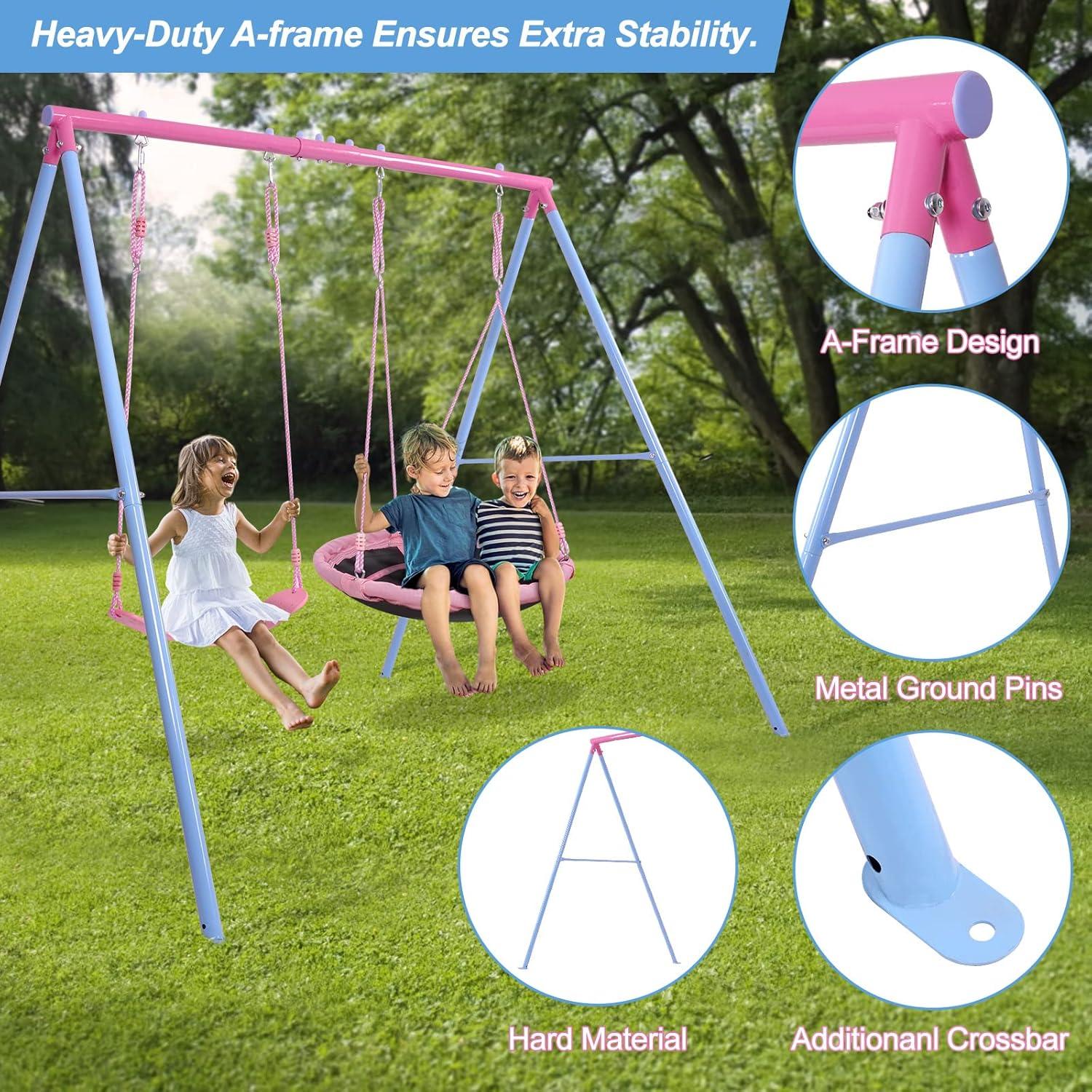Outdoor Swings for Kids, 440lbs, Heavy-Duty A-Frame Metal Outdoor Swing Stand, 1 Saucer & 1 Belt Swing Seat for Playground, Backyard Blue