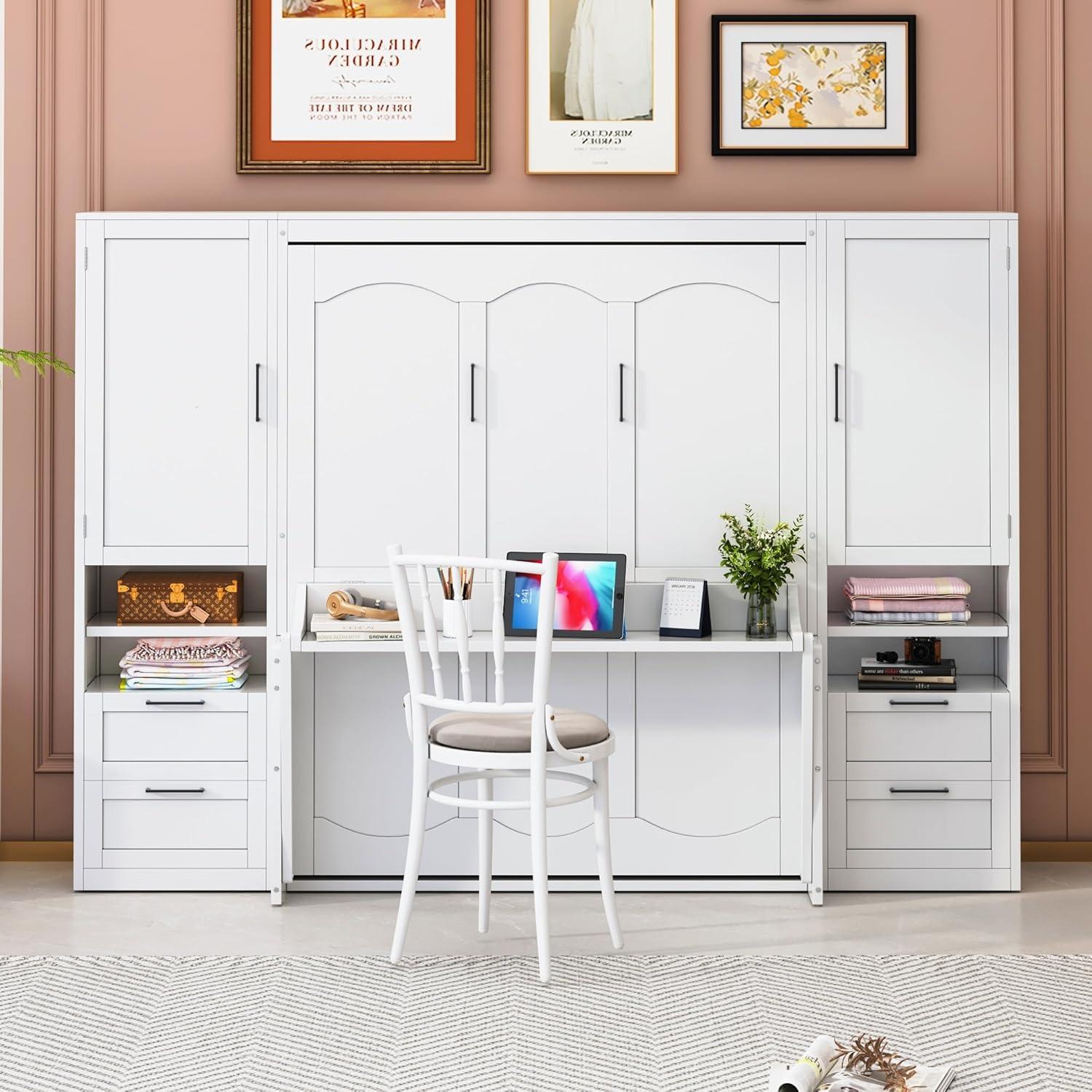 Harper & Bright Designs Queen Size Murphy Bed, Wooden Queen Wall Bed with Closet, Drawers and Shelves, White