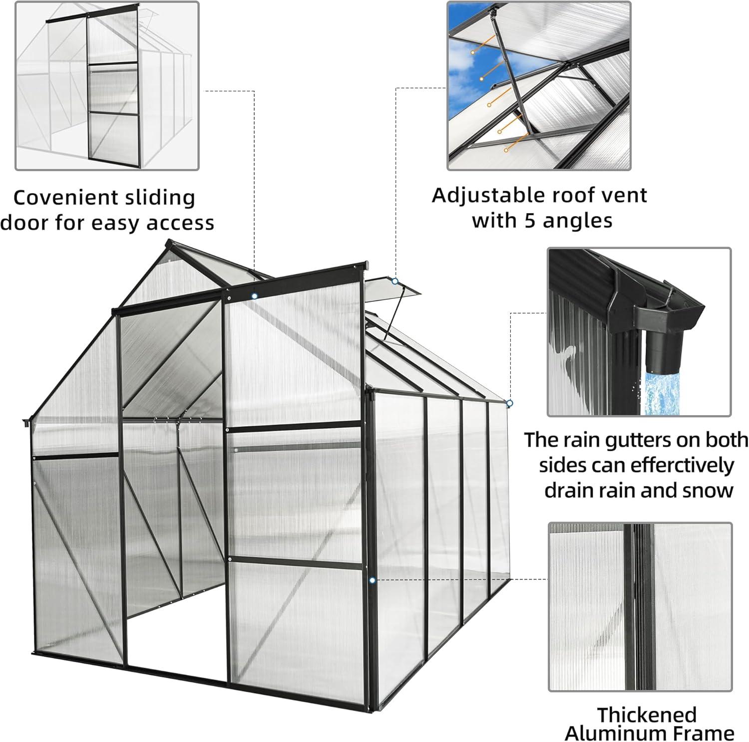 6x8FT Polycarbonate Greenhouse with Adjustable Roof and Drainage System, Anchor Aluminum Heavy Duty Walk-in Greenhouse with Sliding Door and Galvanized Base, Portable Green House in all Season, Black