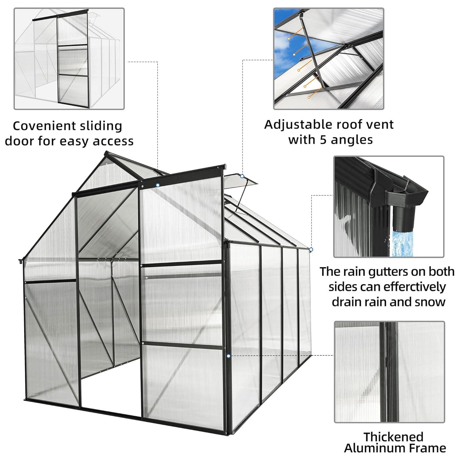 6x8 FT Plant Greenhouse with Sliding Door,Walk-in Polycarbonate Greenhouse with Raised Base and Anchor Aluminum Heavy Duty Greenhouses Kits for Outdoor Backyard in All Season,Black